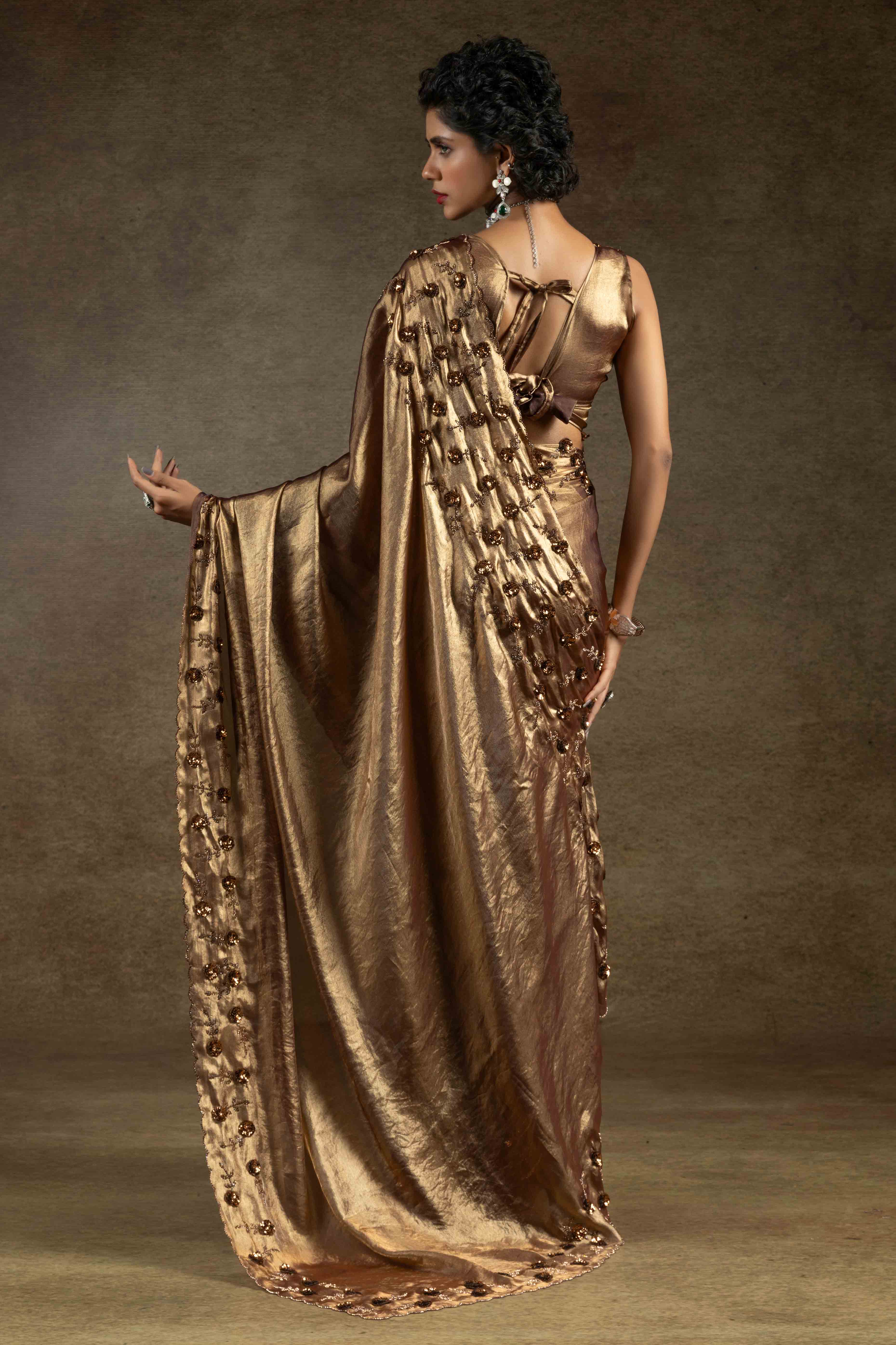 Metallic Bronze Zarkan With Sequin & Beads Work Satin Silk Two Tone Saree - Image 4