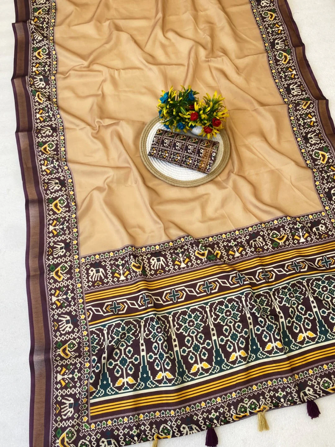Minimal Chikoo Mulmul Cotton Saree with Subtle Ajrakh Border and Airy Texture - Image 2
