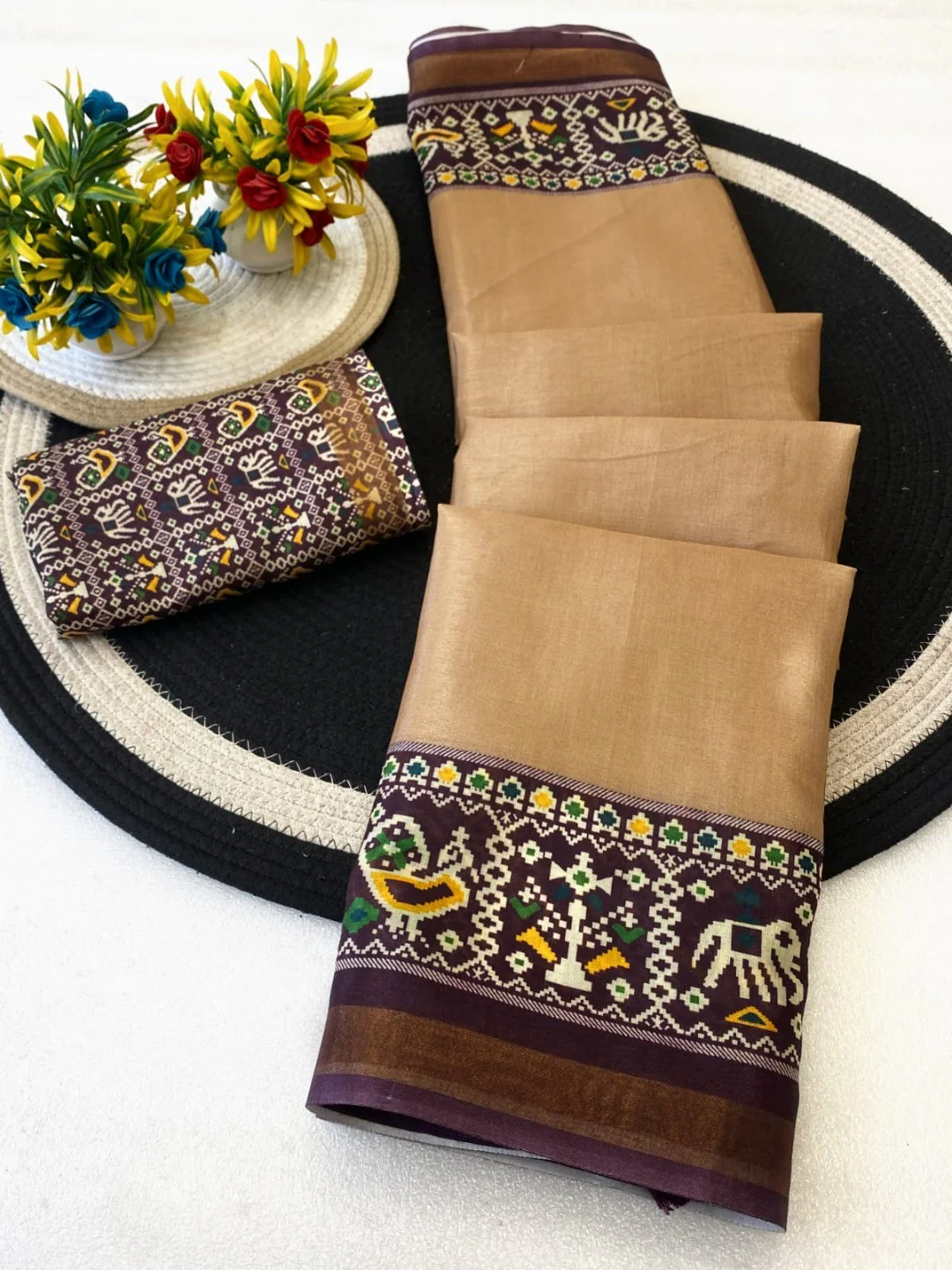 Minimal Chikoo Mulmul Cotton Saree with Subtle Ajrakh Border and Airy Texture - Image 3