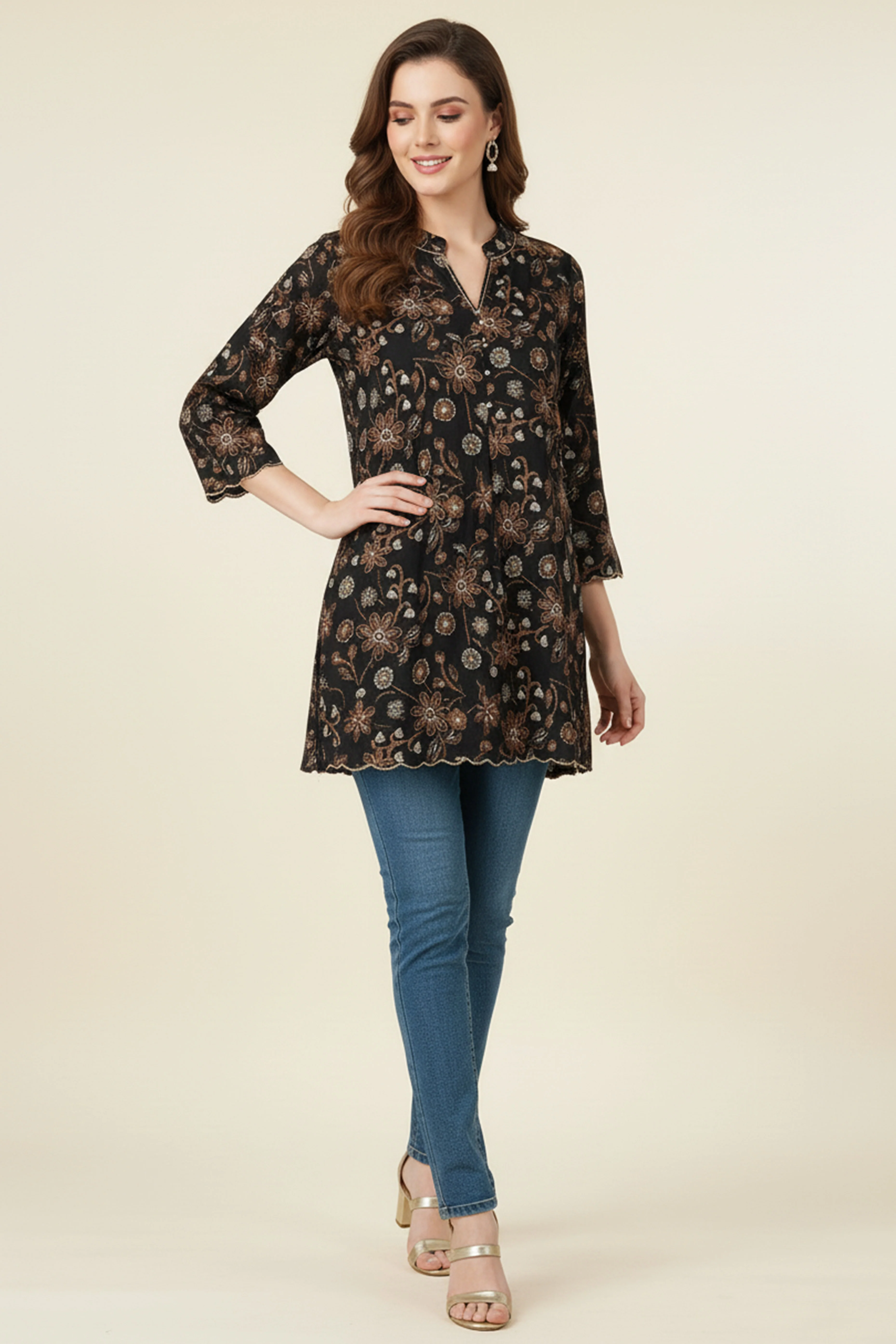 Minimalist Black Pure Cotton Straight Top with All-Over Floral Motifs - Image 5