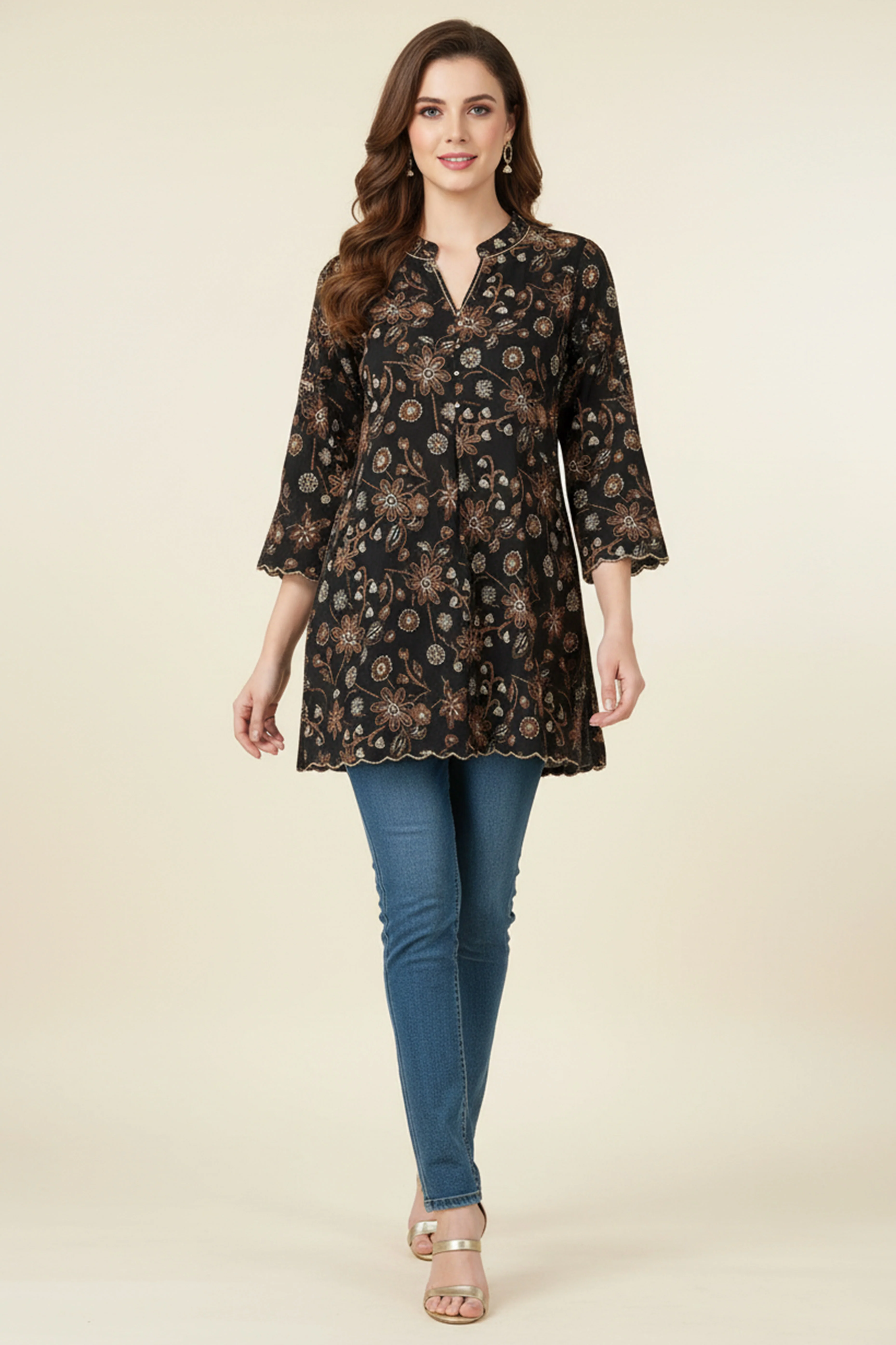 Minimalist Black Pure Cotton Straight Top with All-Over Floral Motifs - Image 6