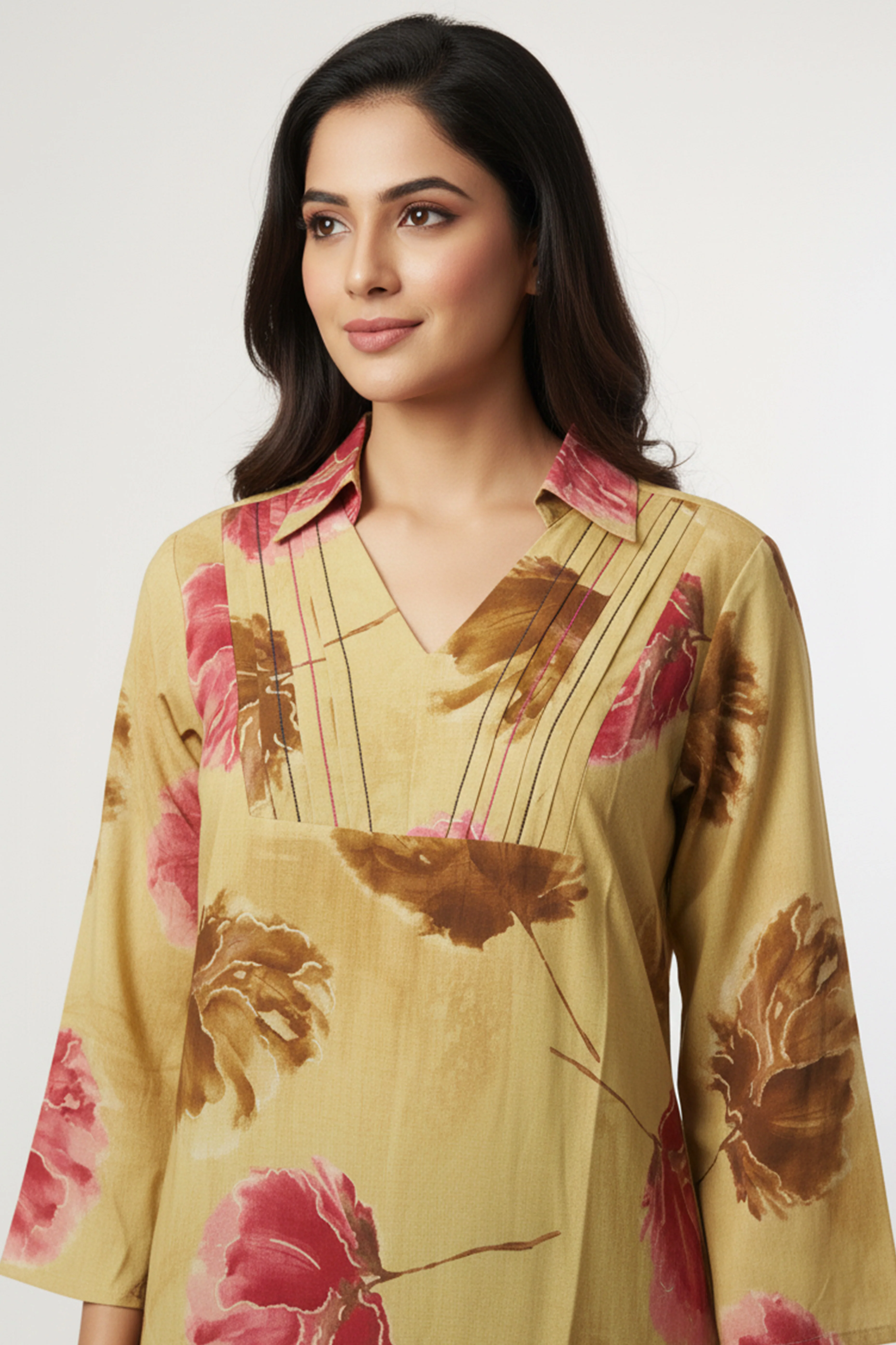 Minimalist Butter Yellow A-Line Top in Pure Cotton Featuring Elegant Floral Prints - Image 2