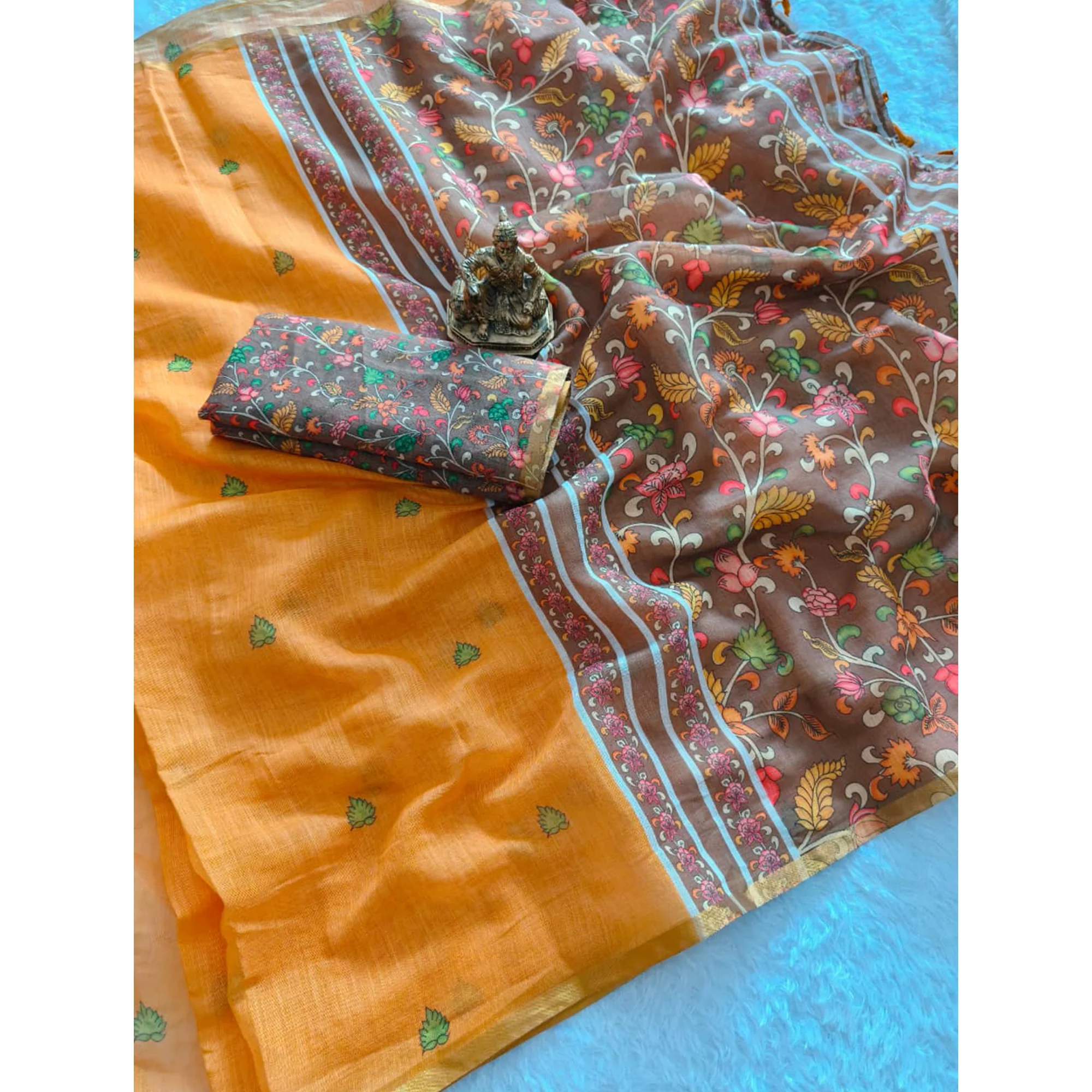 Minimalist Mustard Linen Cotton Saree with Elegant Printed Patterns - Image 4