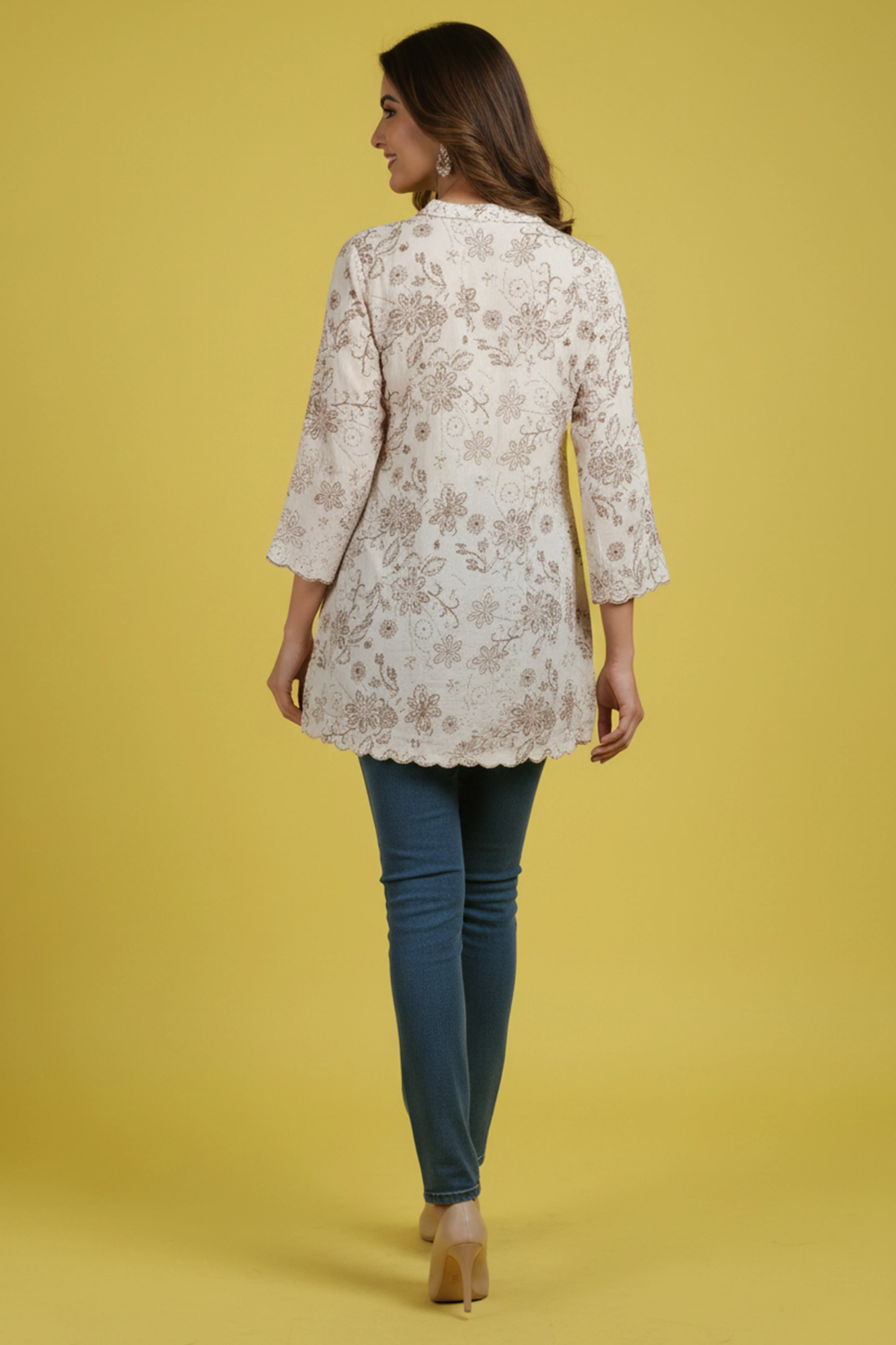 Minimalist Off White Rayon Straight Top with All-Over Floral Motifs - Image 3