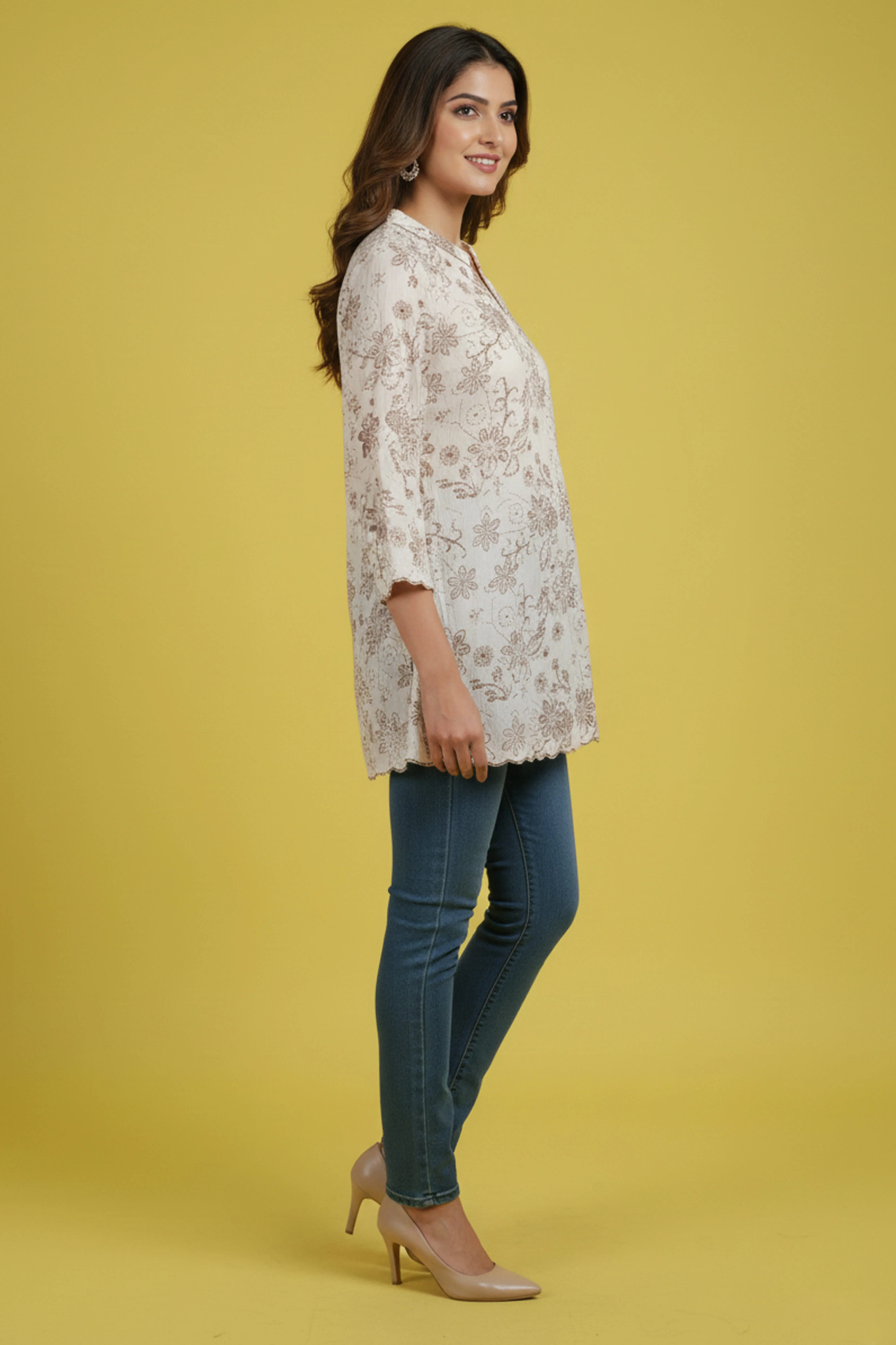 Minimalist Off White Rayon Straight Top with All-Over Floral Motifs - Image 4