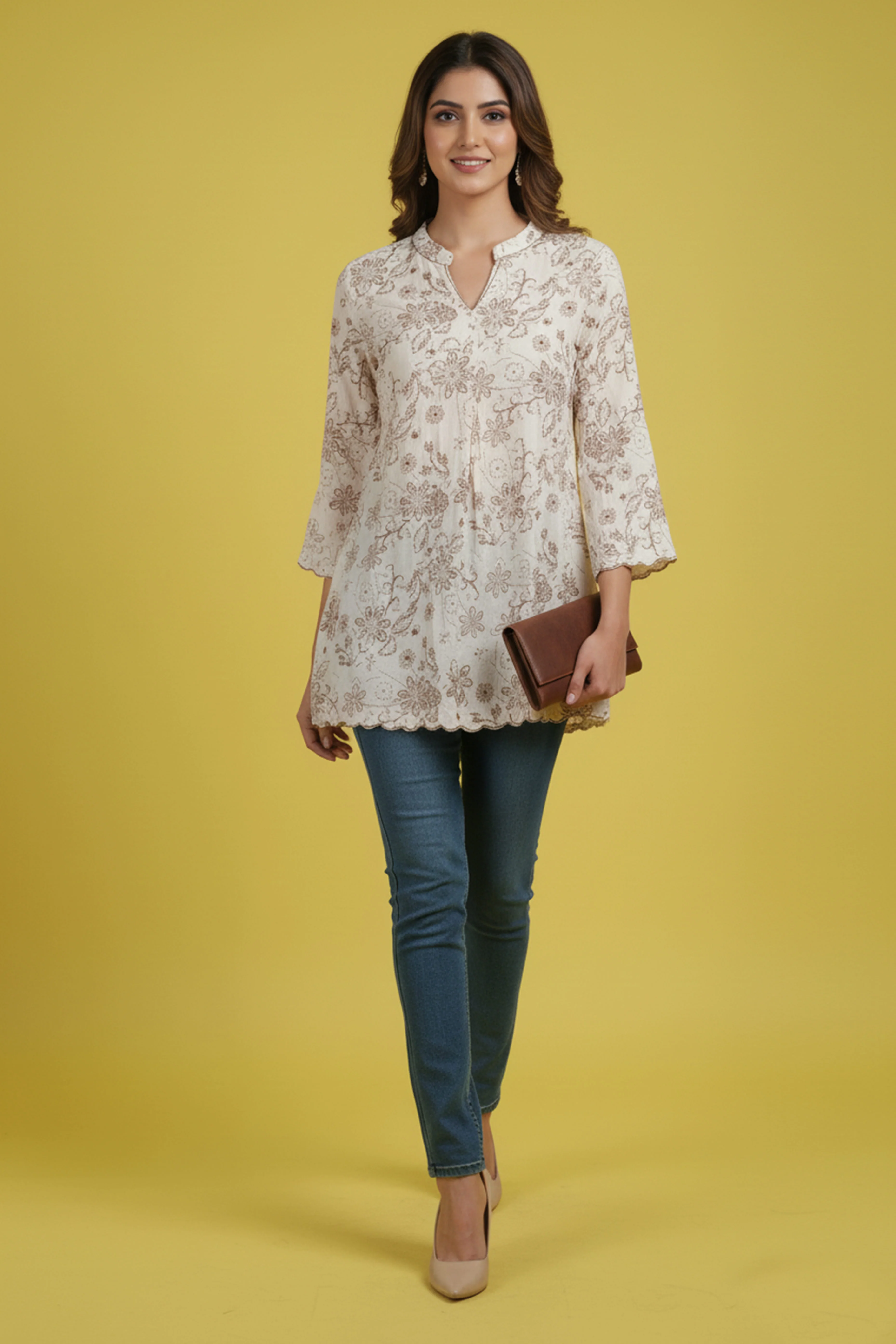 Minimalist Off White Rayon Straight Top with All-Over Floral Motifs - Image 5