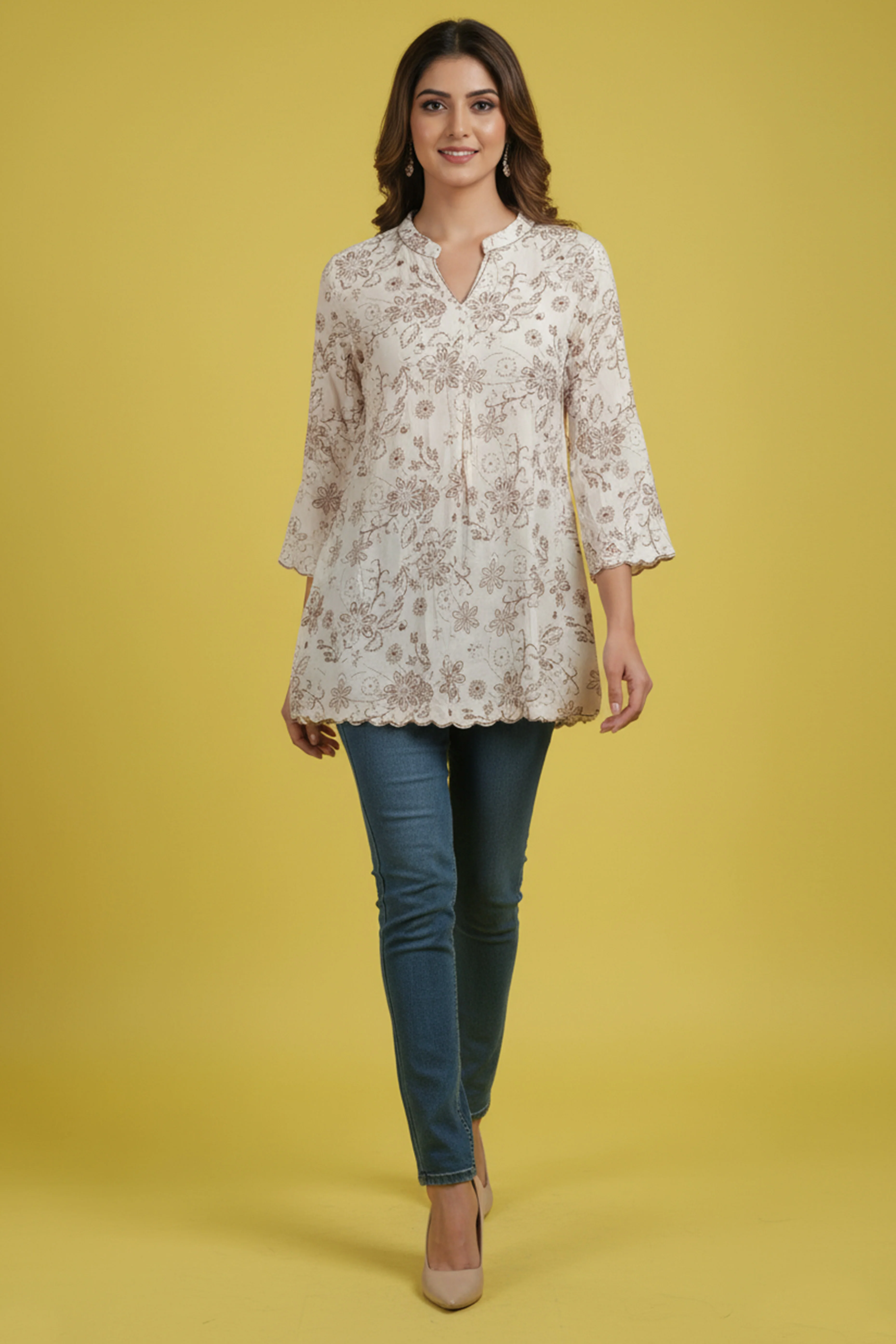 Minimalist Off White Rayon Straight Top with All-Over Floral Motifs - Image 6