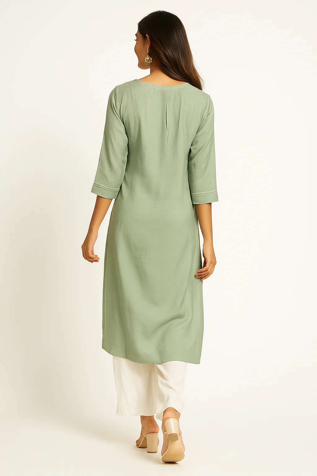 Mint Green Floral Embroidered Viscose Straight Kurti - Image 3