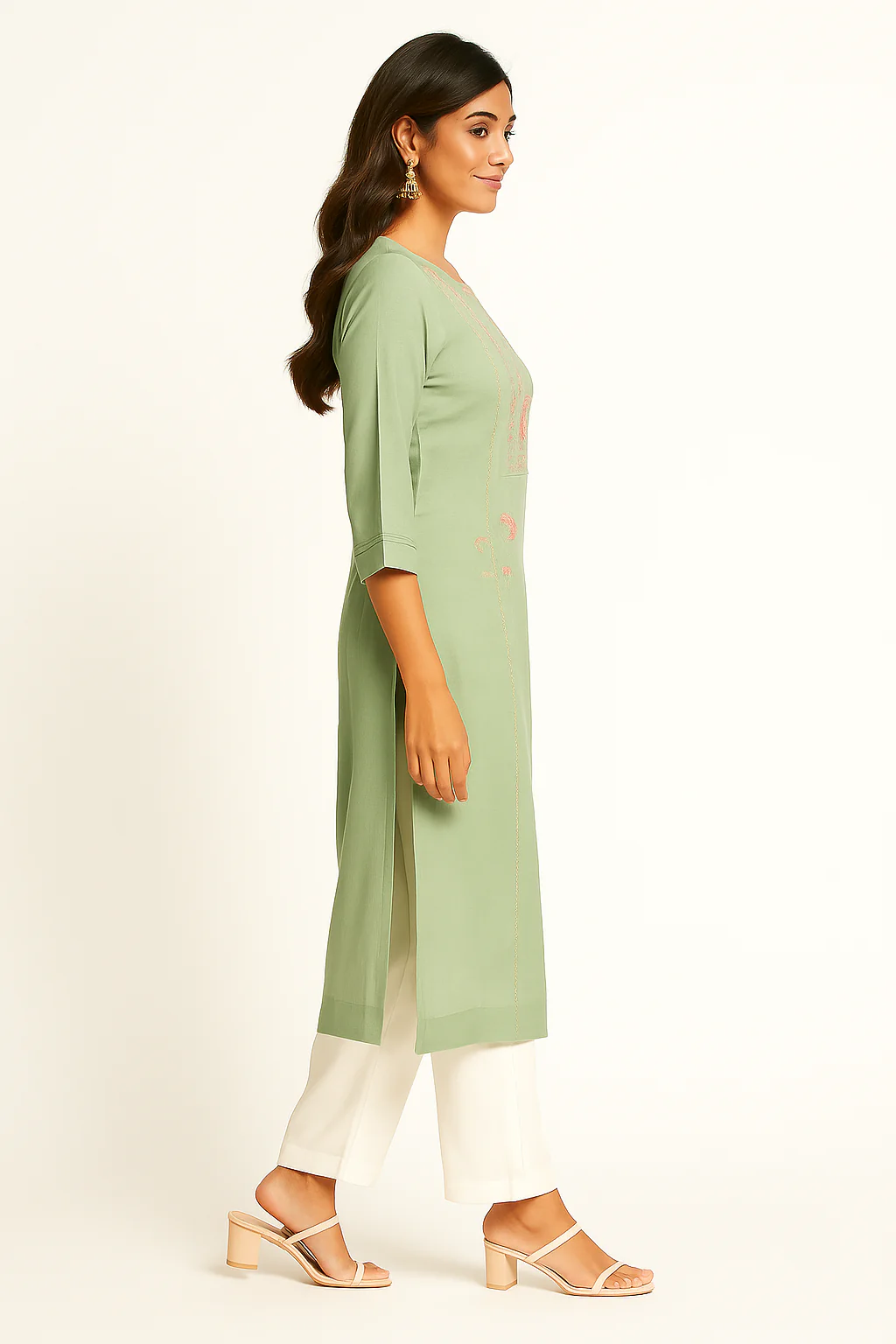 Mint Green Floral Embroidered Viscose Straight Kurti - Image 4