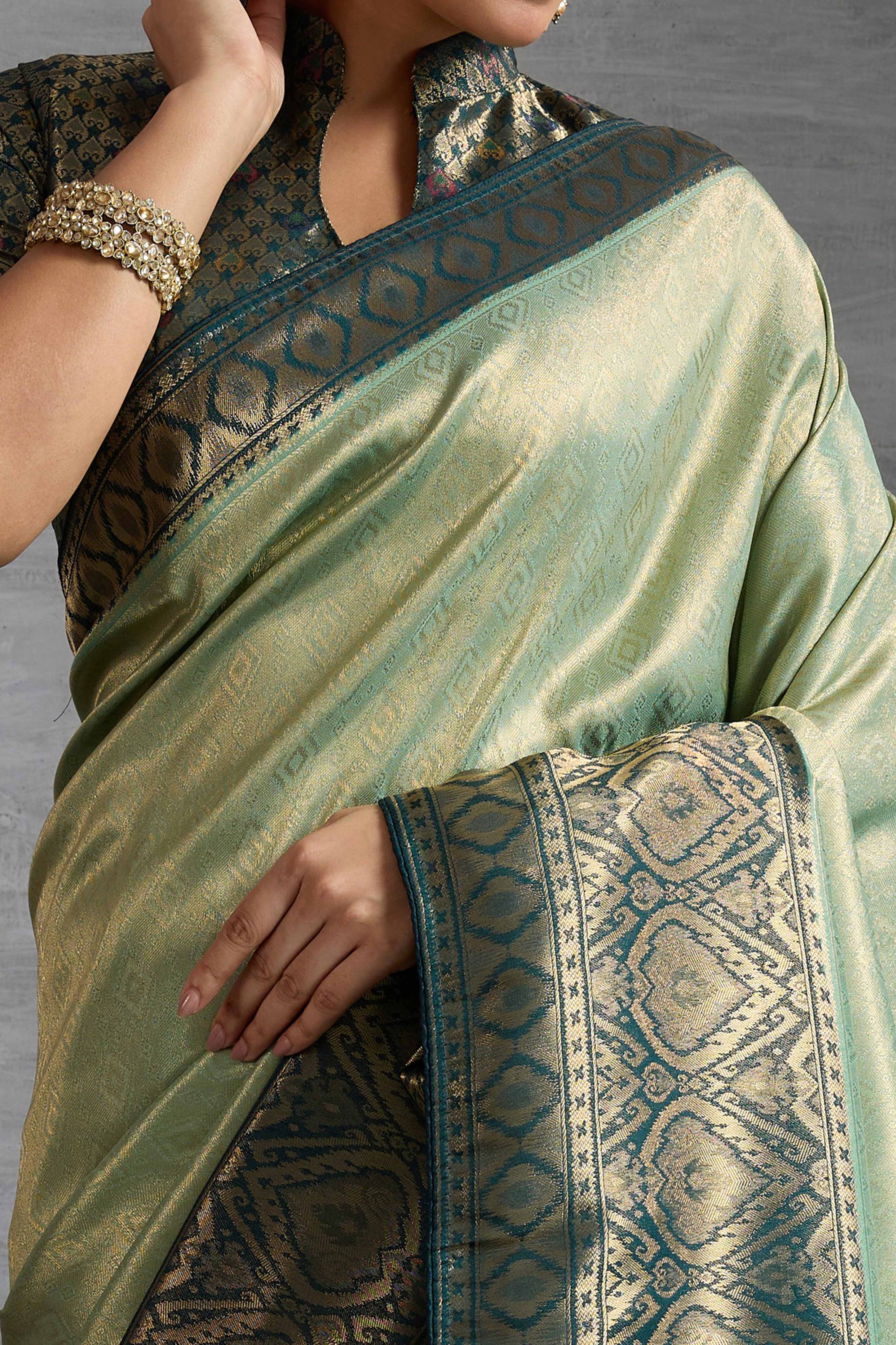 Mint Green Kanjivaram Silk Saree With Traditional Kadiyal Style Zari Weaving &  Meenakari Pallu - Image 2