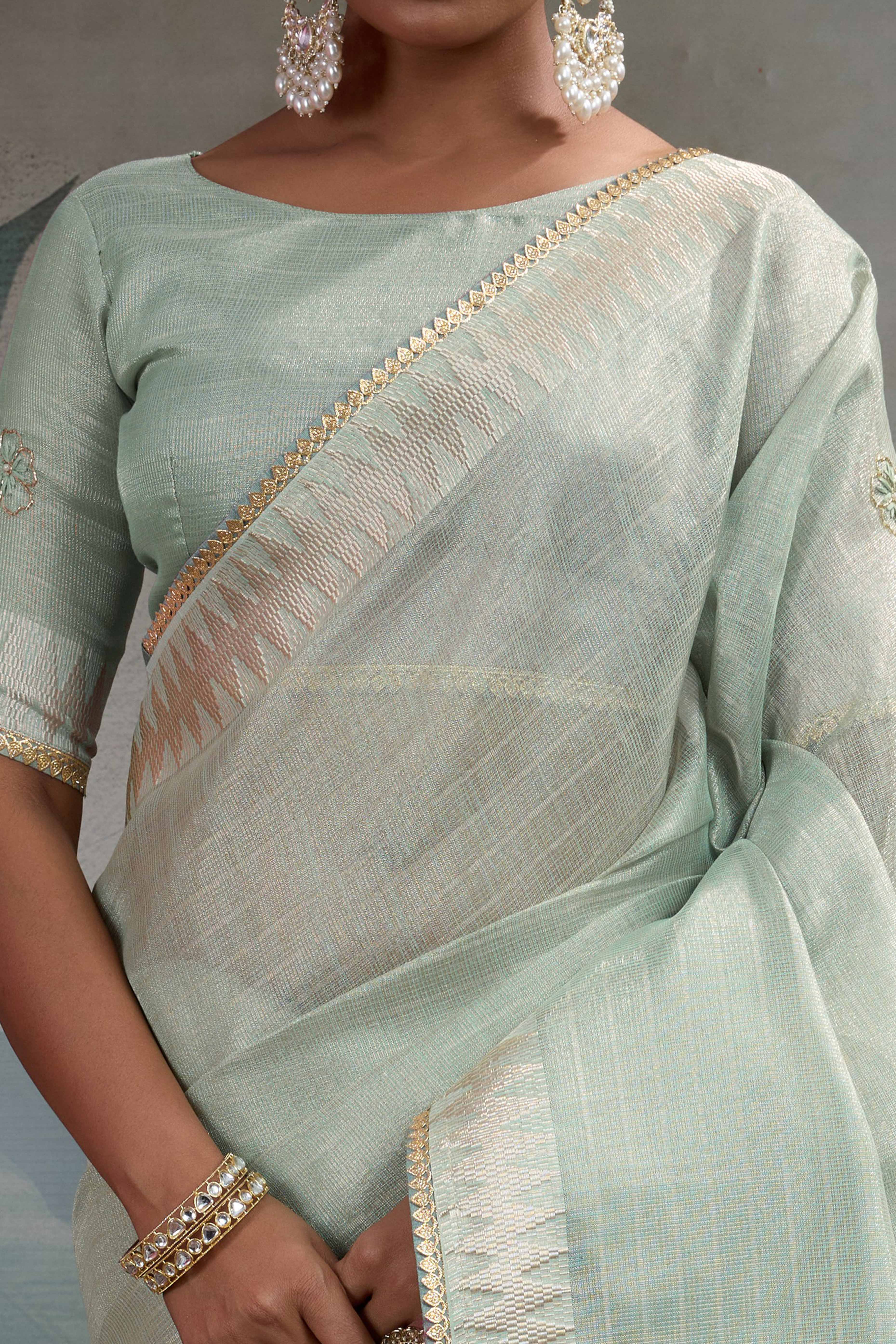 Mint Green Linen Tissue Saree with Hand Beads Embellishment - Image 2
