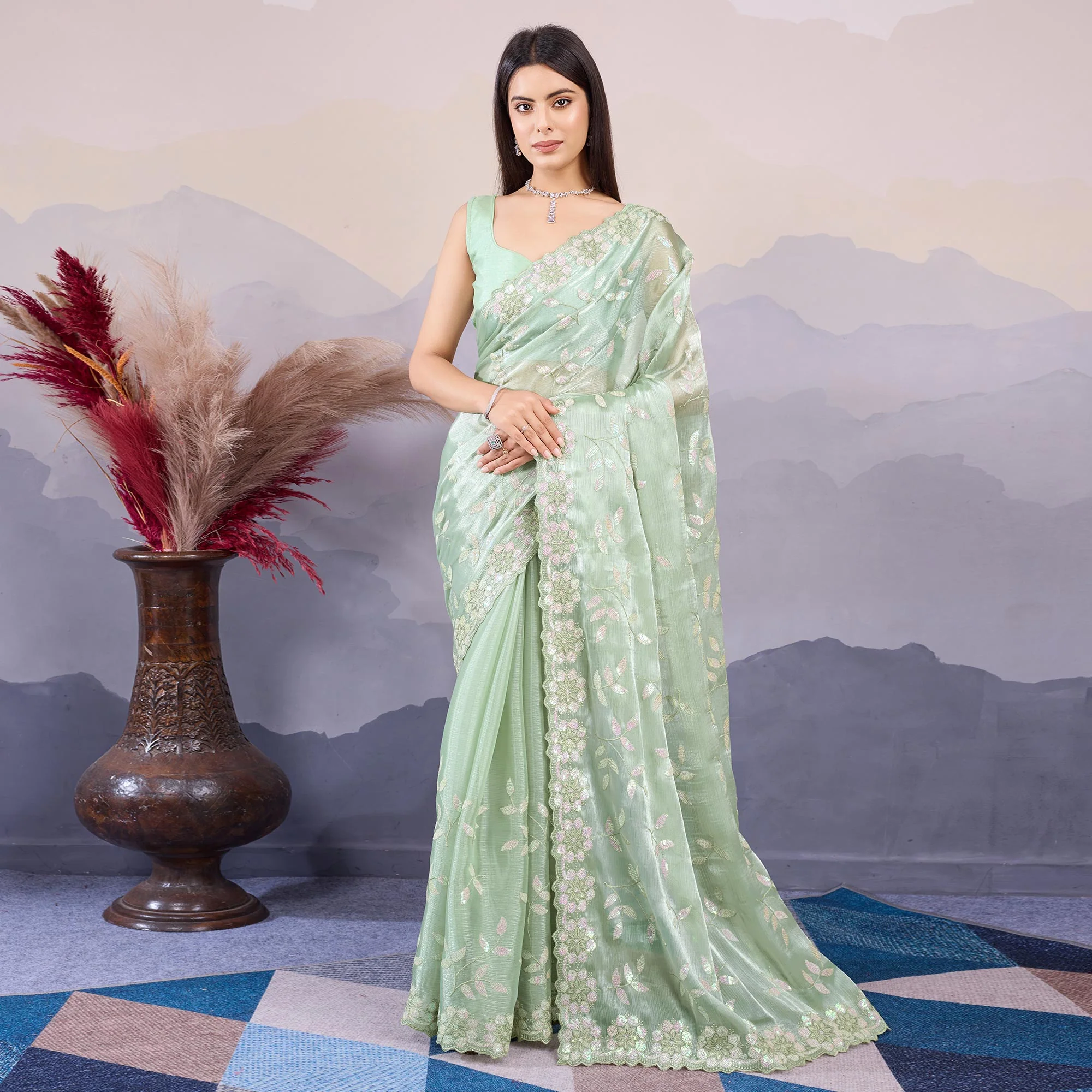 Mint Green Sequins Embroidered Art Silk Saree - Image 2
