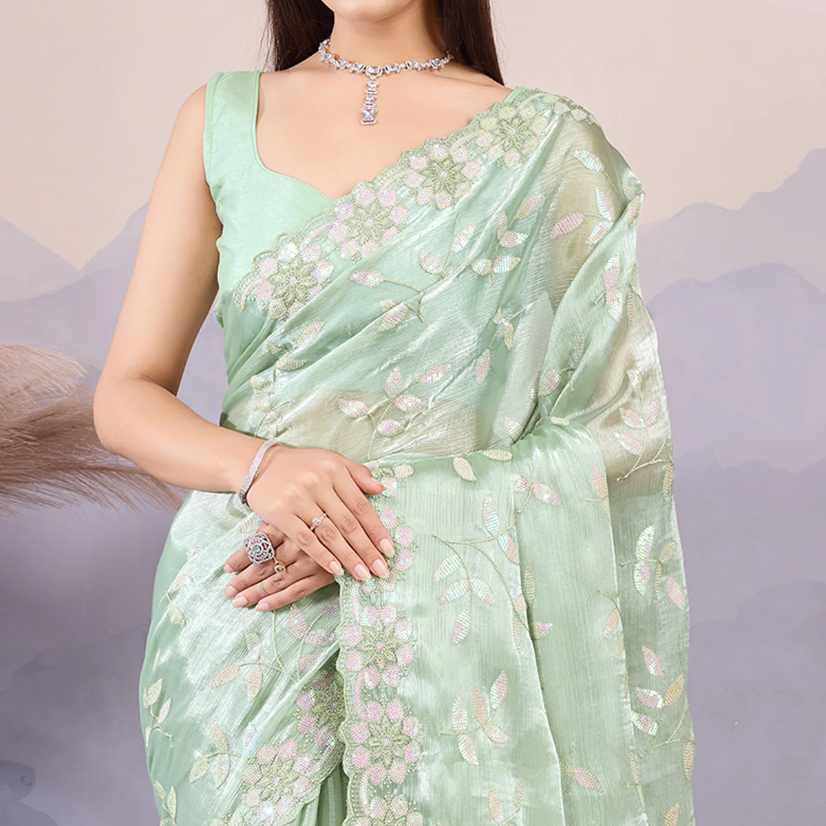 Mint Green Sequins Embroidered Art Silk Saree - Image 3