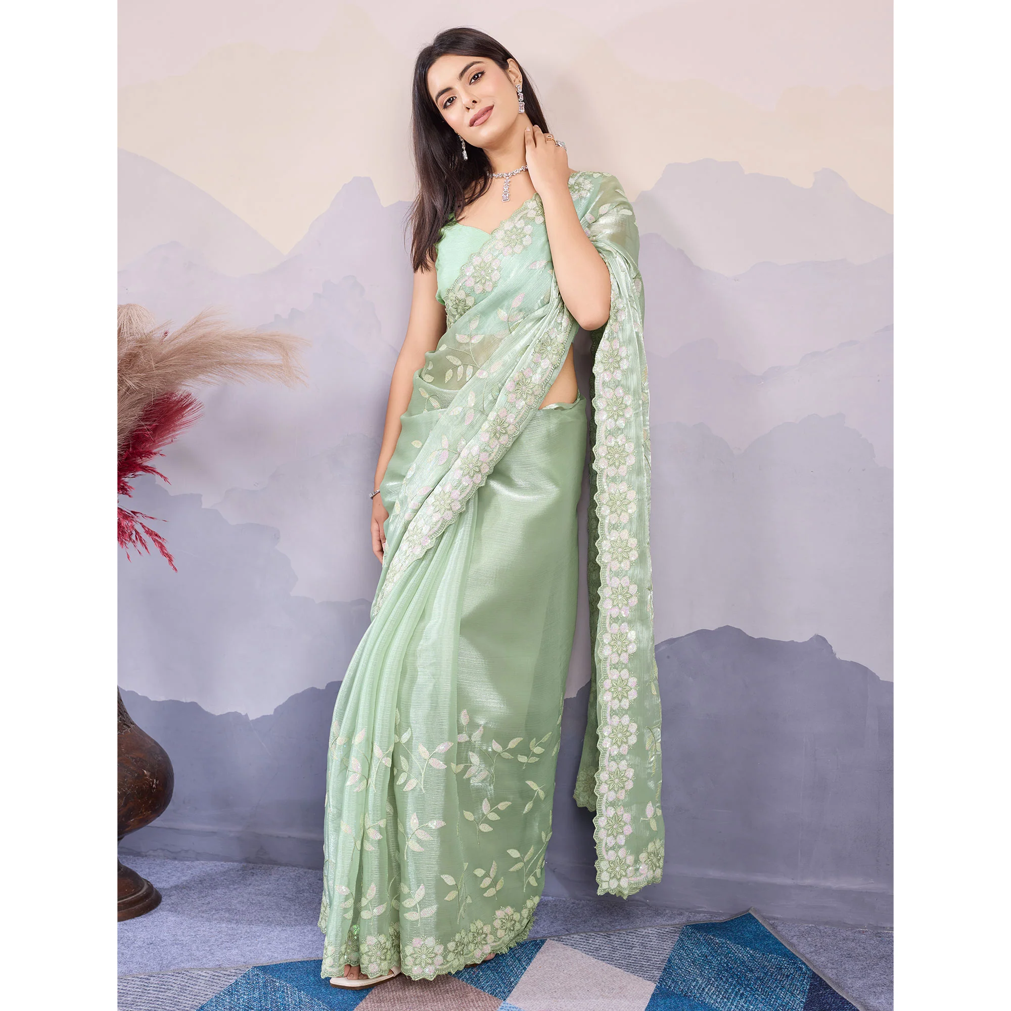 Mint Green Sequins Embroidered Art Silk Saree - Image 5
