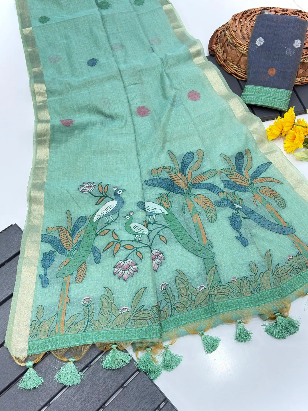 Mint Green Soft Cotton Silk Saree Featuring Delicate Floral Weaving - Image 3