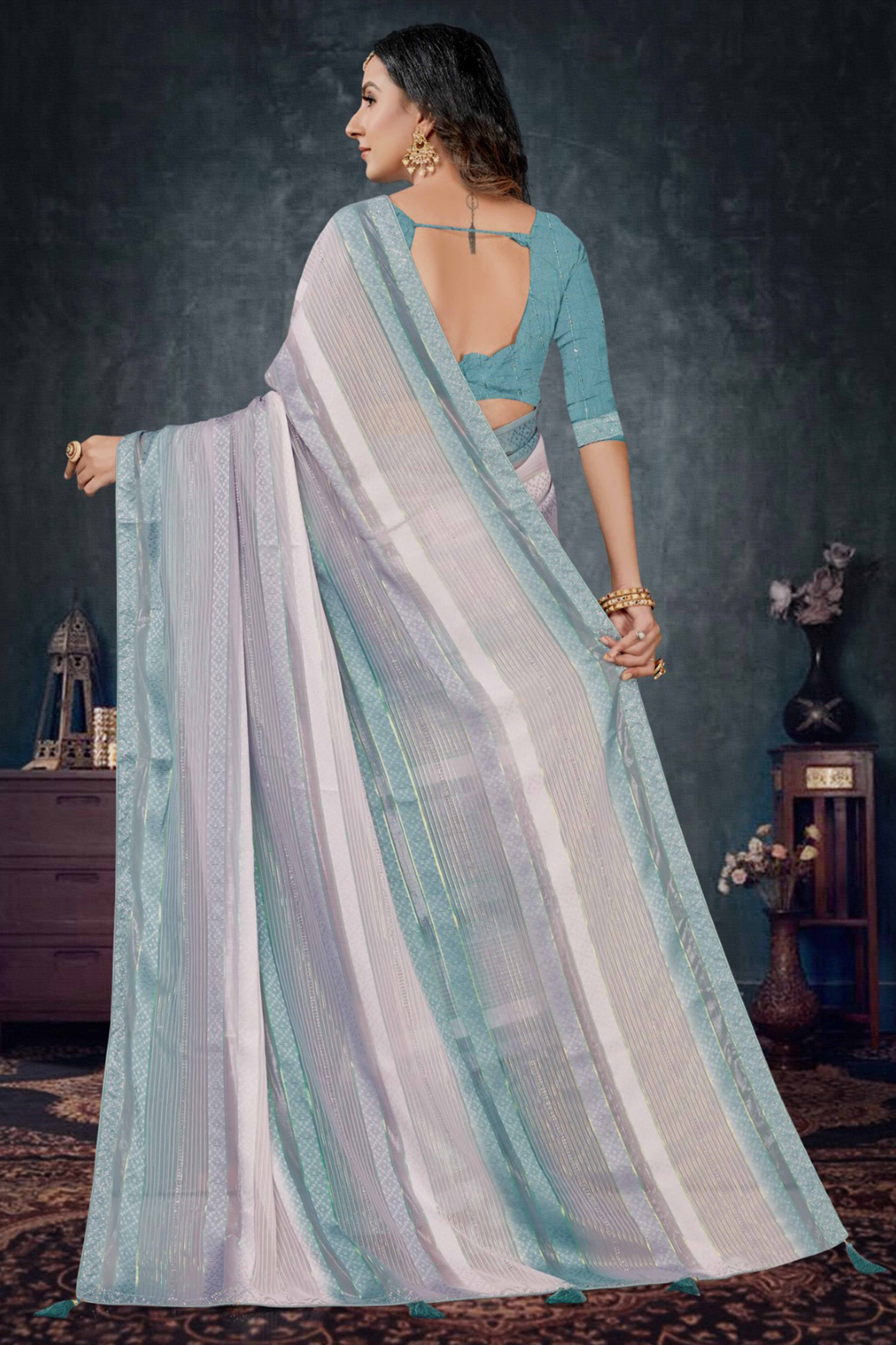 Mint Green Woven Design Saree Crafted in Sheer and Elegant Poly Georgette - Image 5
