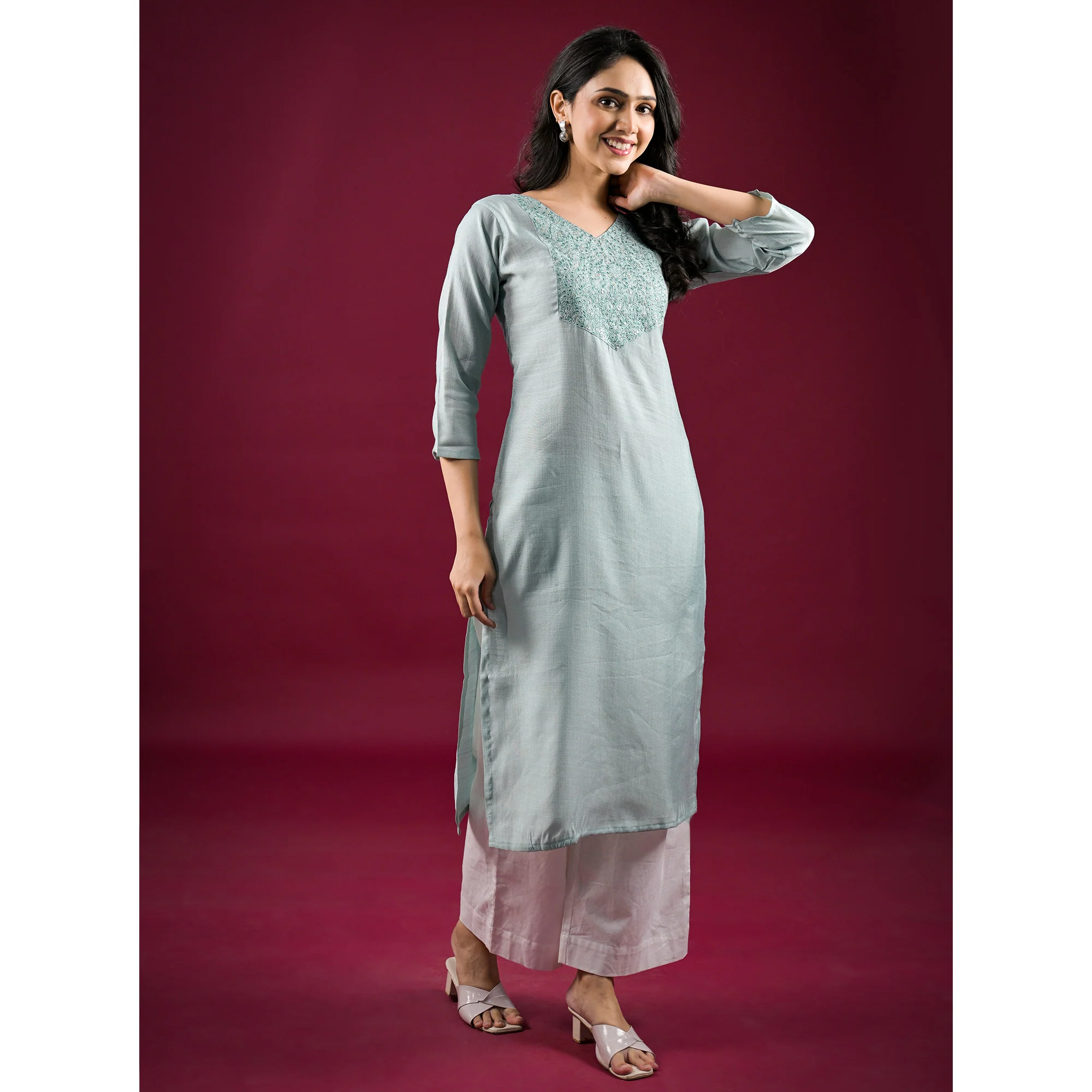 Mint Green Yoke Embroidered Viscose Straight Kurti - Image 5