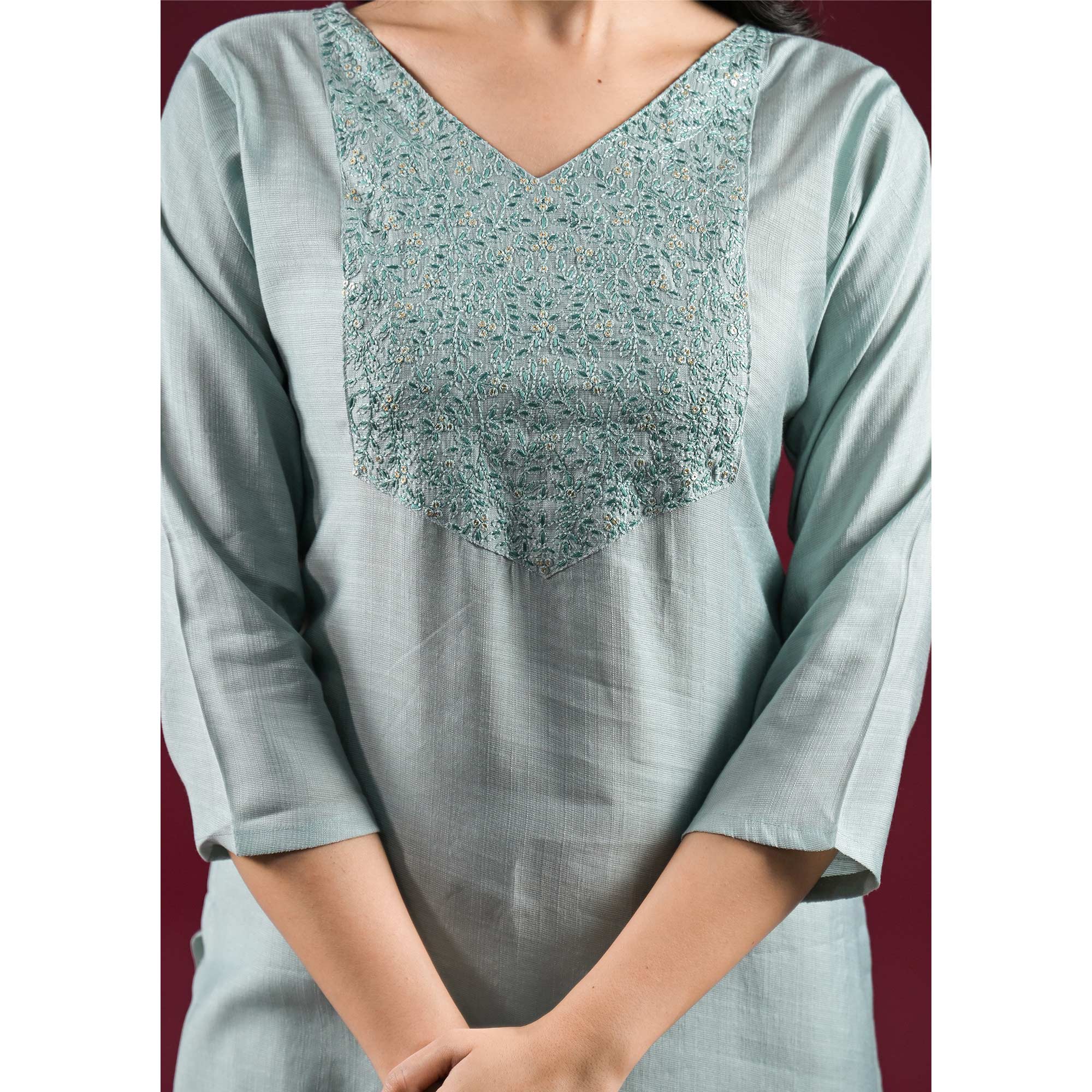 Mint Green Yoke Embroidered Viscose Straight Kurti - Image 8