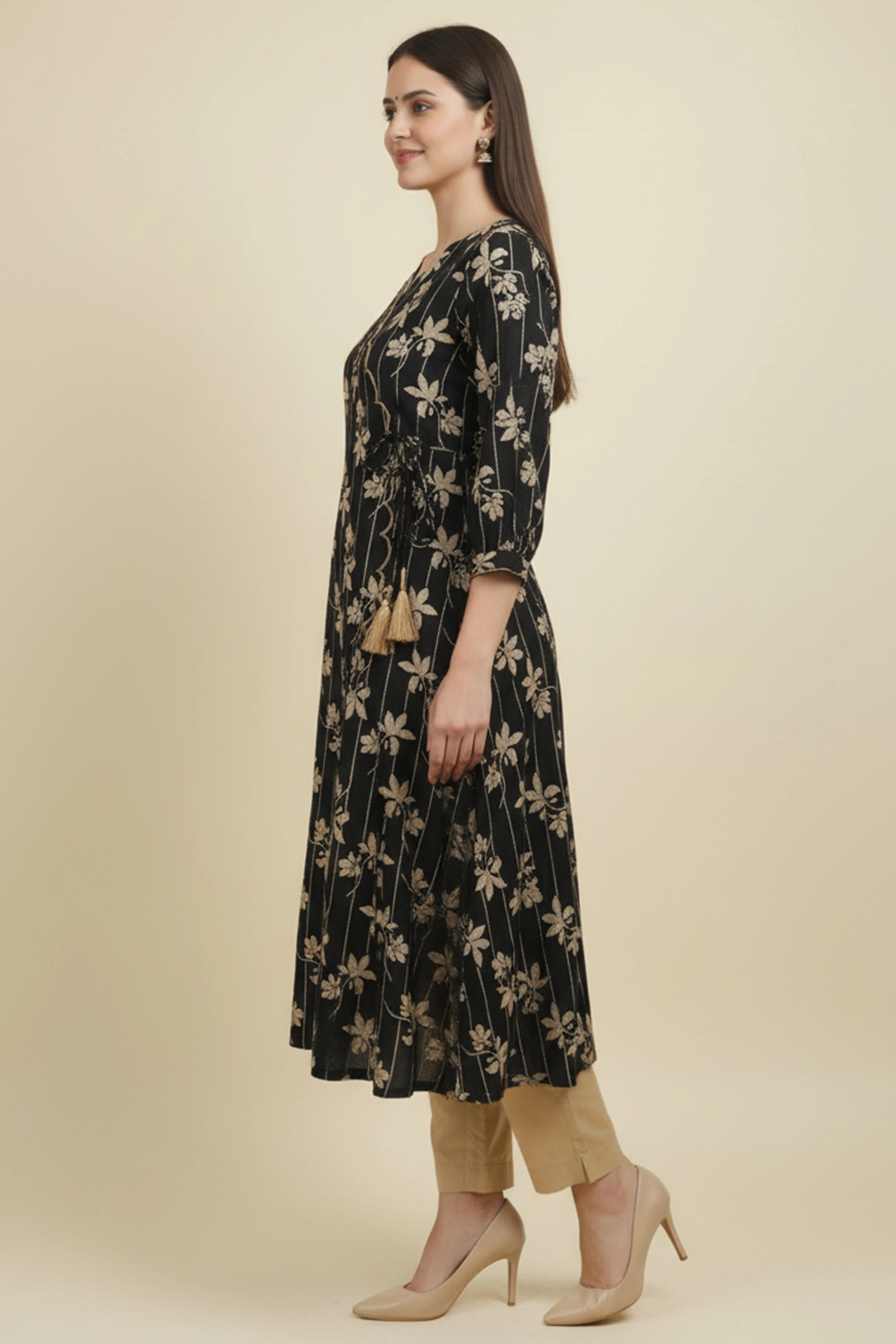 Modern Black A-Line Kurti in Viscose Fabric Accented with Floral Prints - Image 4