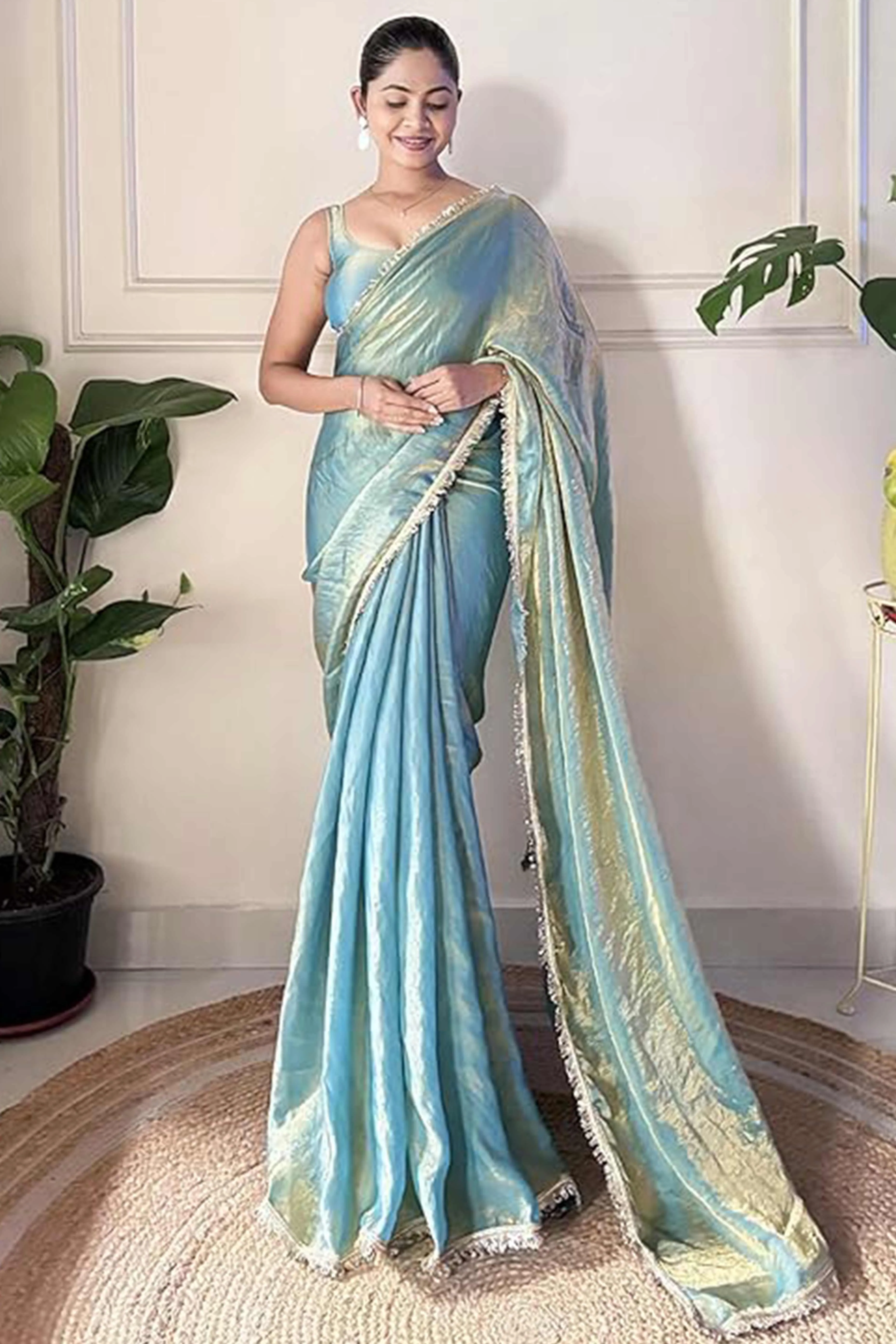 Modern Blue Organza Satin Silk Saree With Refined Lace Border For Elegant Occasions - Image 3