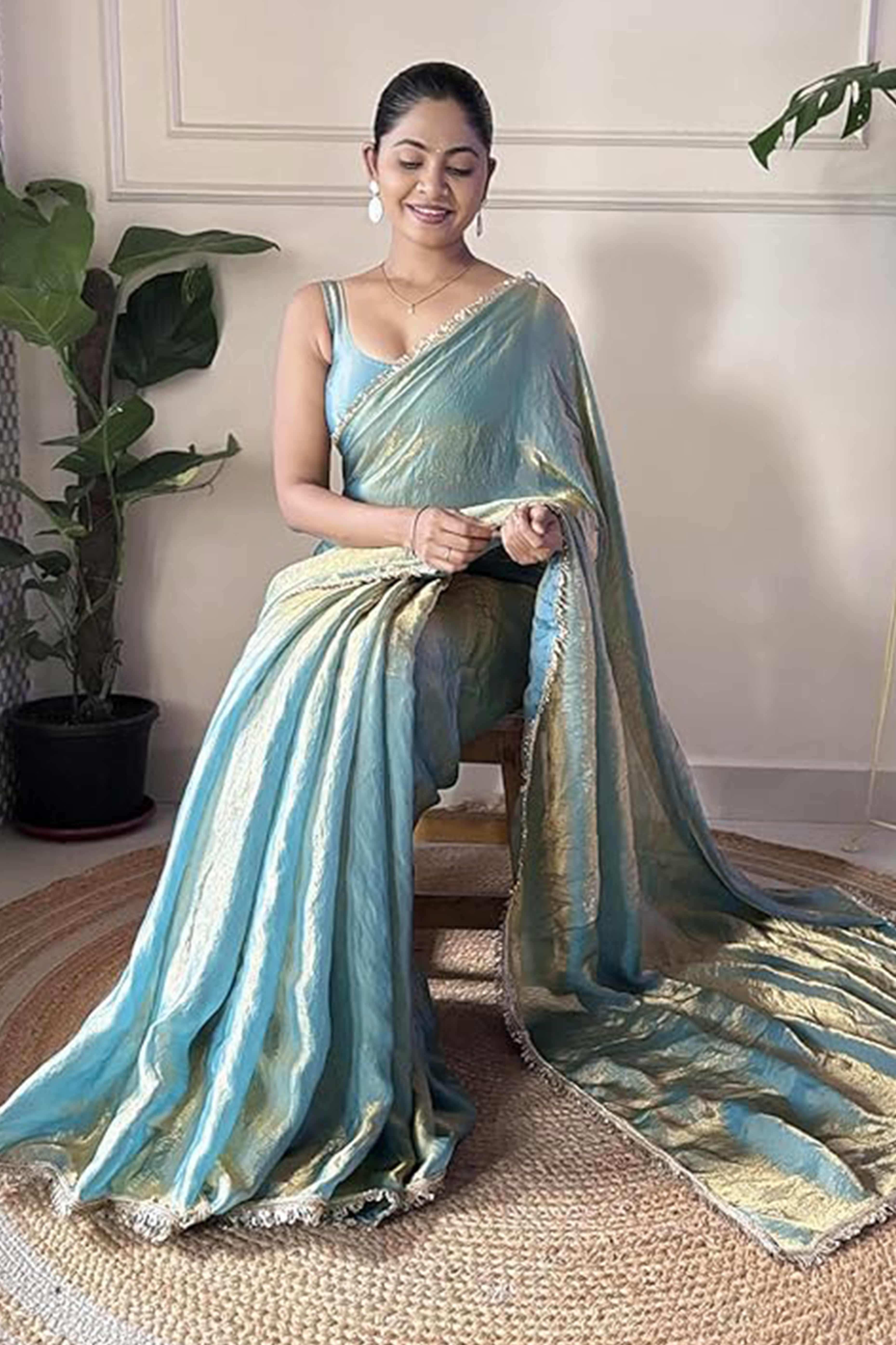 Modern Blue Organza Satin Silk Saree With Refined Lace Border For Elegant Occasions - Image 4