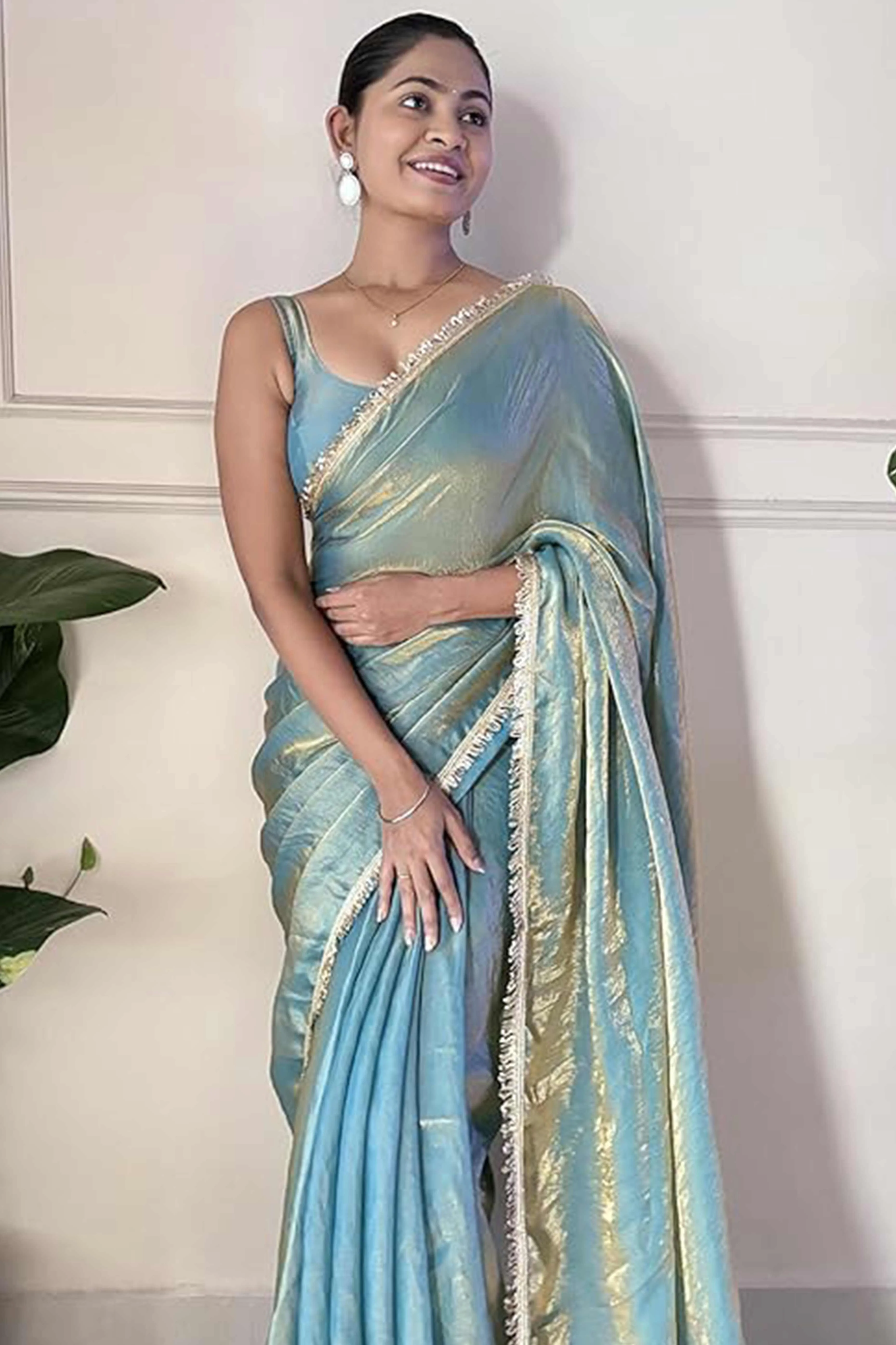Modern Blue Organza Satin Silk Saree With Refined Lace Border For Elegant Occasions - Image 5
