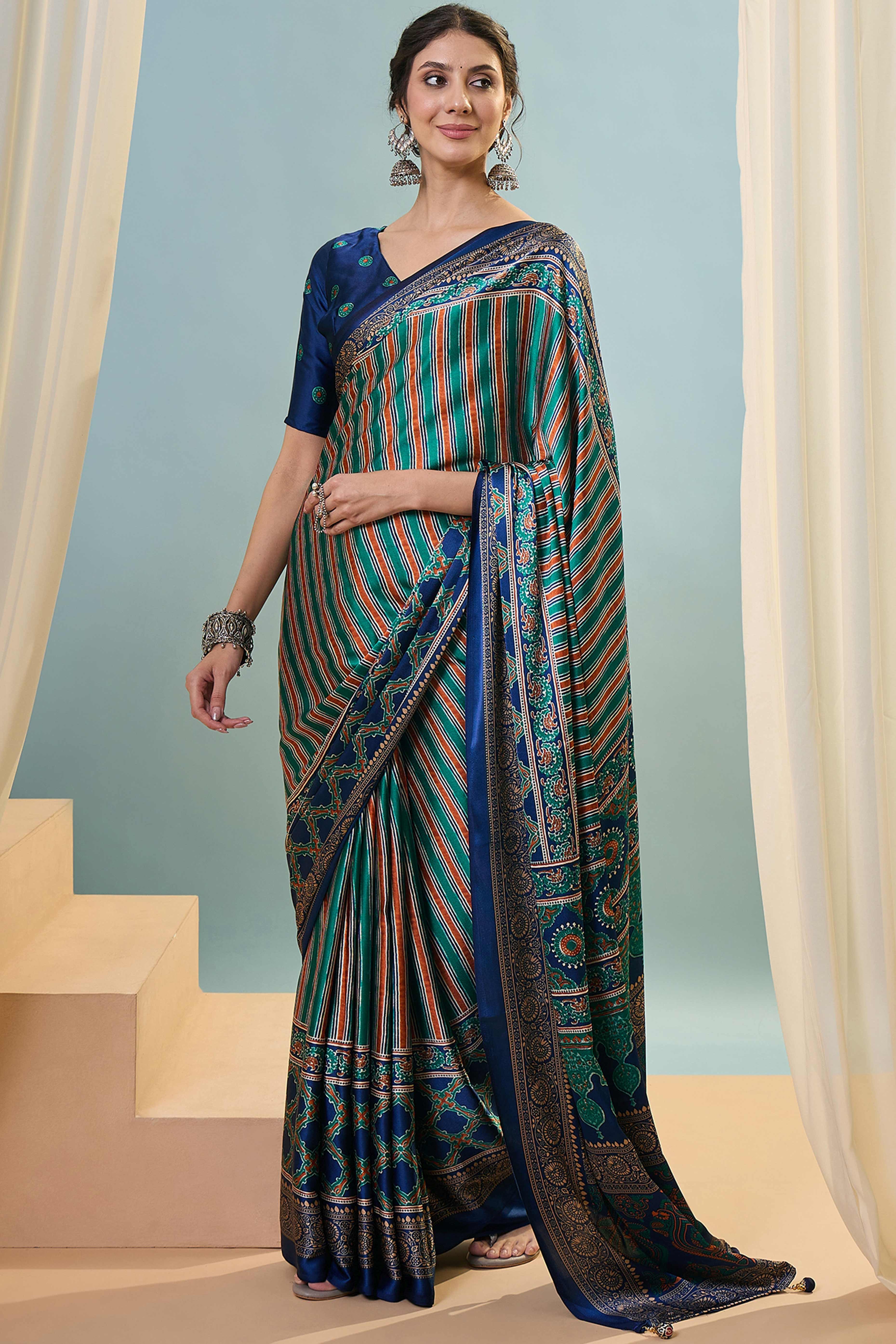 Modern Blue Striped Printed Modal Satin Saree with Luxurious Flow and Shine - Image 3