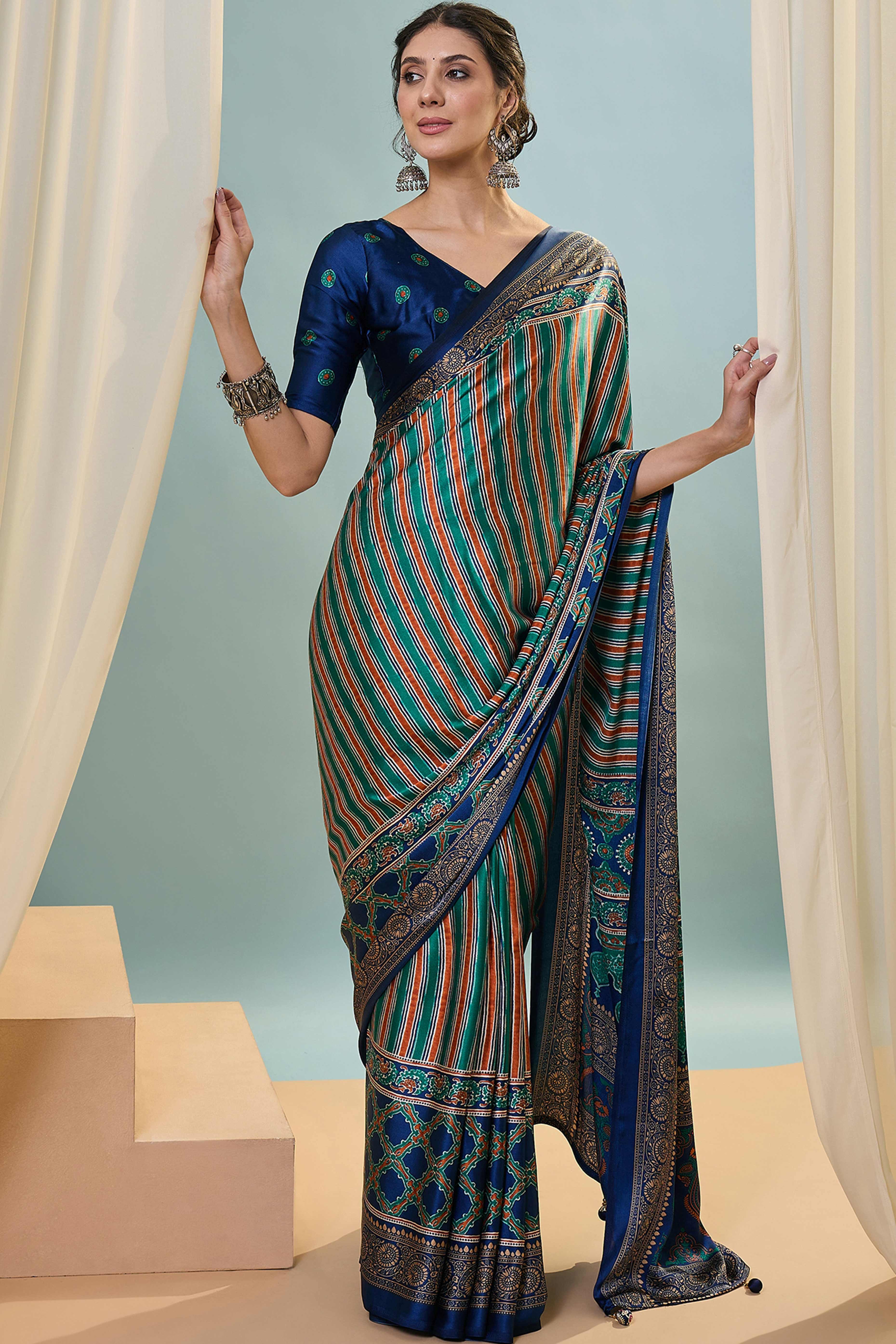 Modern Blue Striped Printed Modal Satin Saree with Luxurious Flow and Shine - Image 4