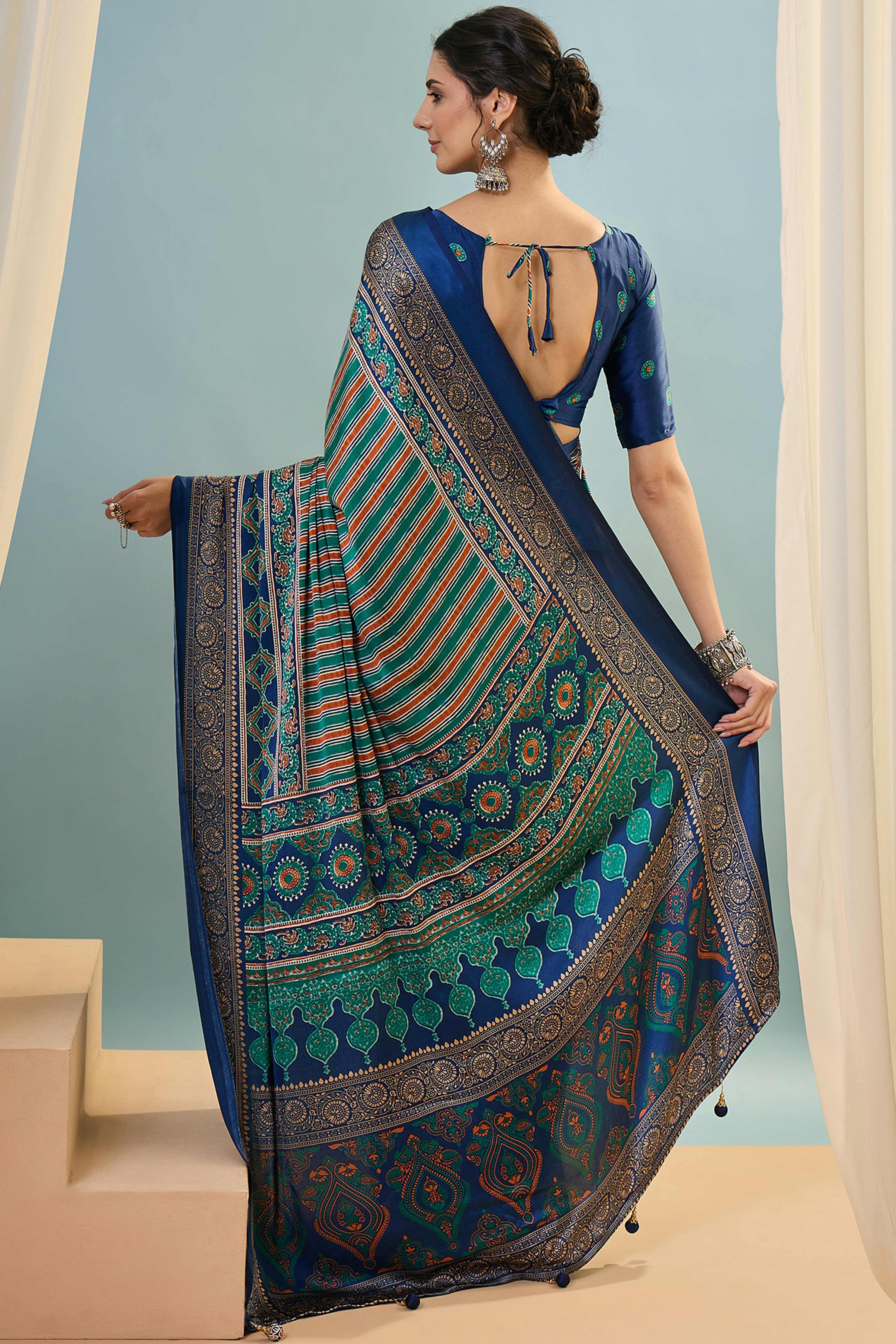 Modern Blue Striped Printed Modal Satin Saree with Luxurious Flow and Shine - Image 5