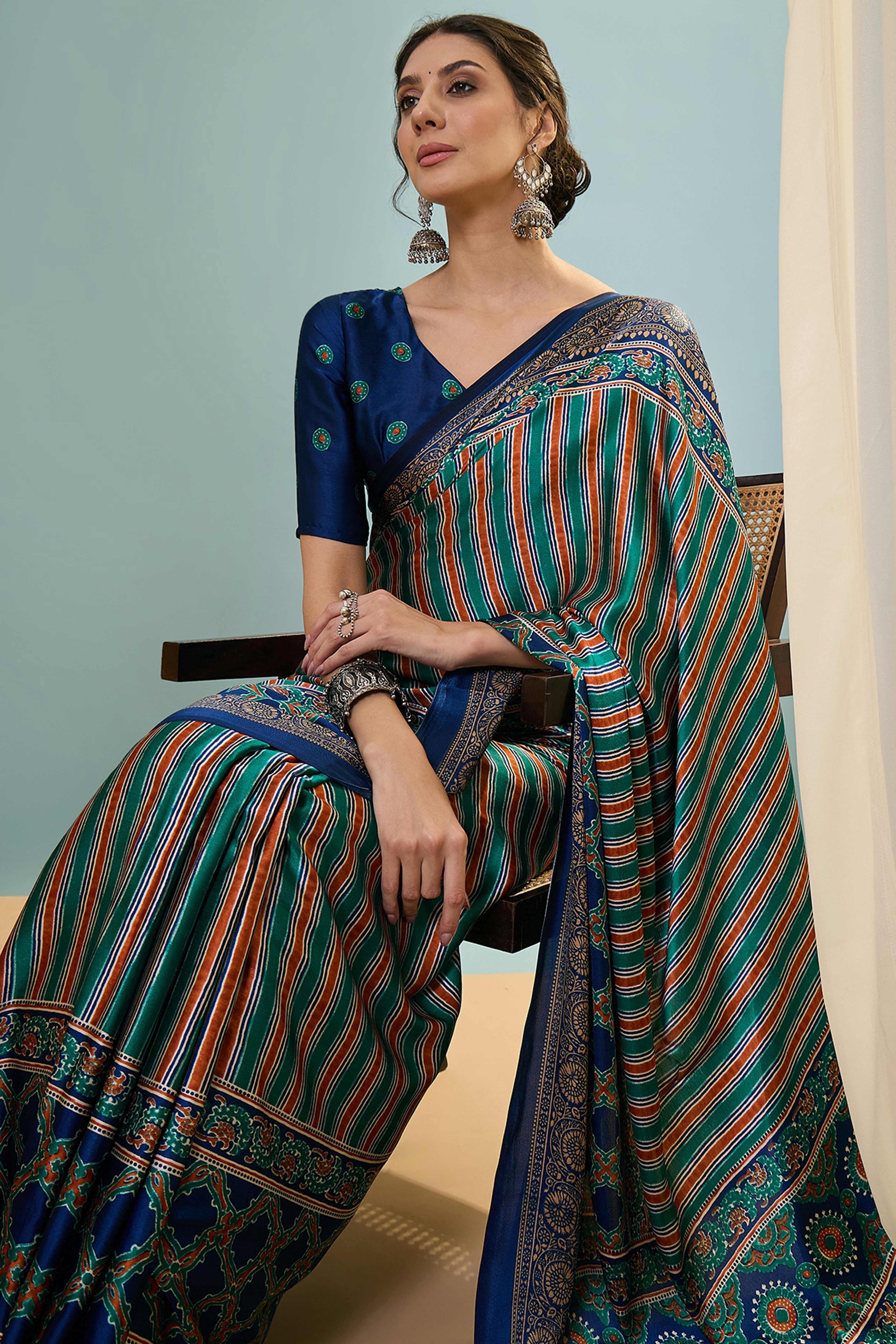 Modern Blue Striped Printed Modal Satin Saree with Luxurious Flow and Shine - Image 6