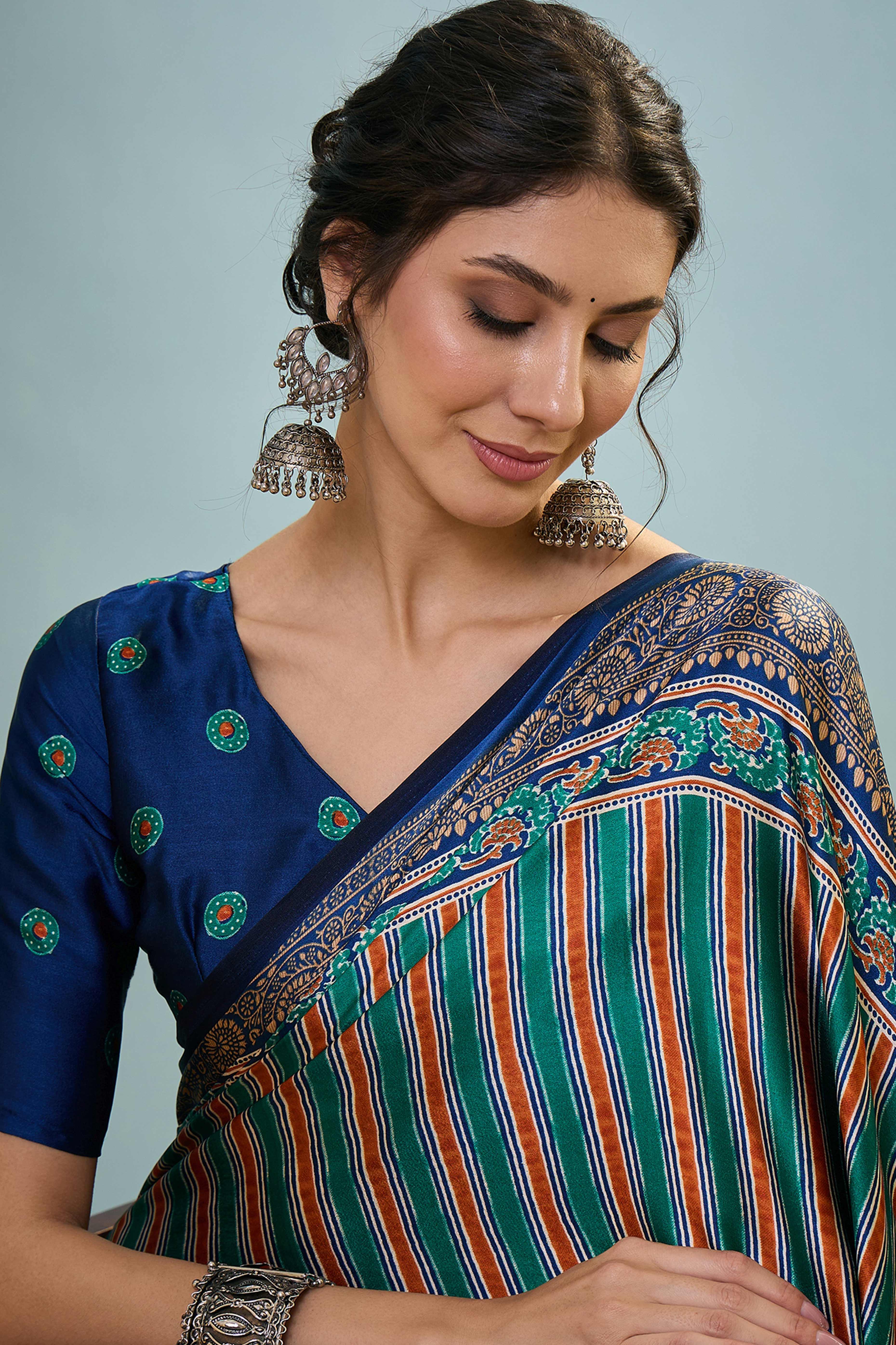 Modern Blue Striped Printed Modal Satin Saree with Luxurious Flow and Shine - Image 8