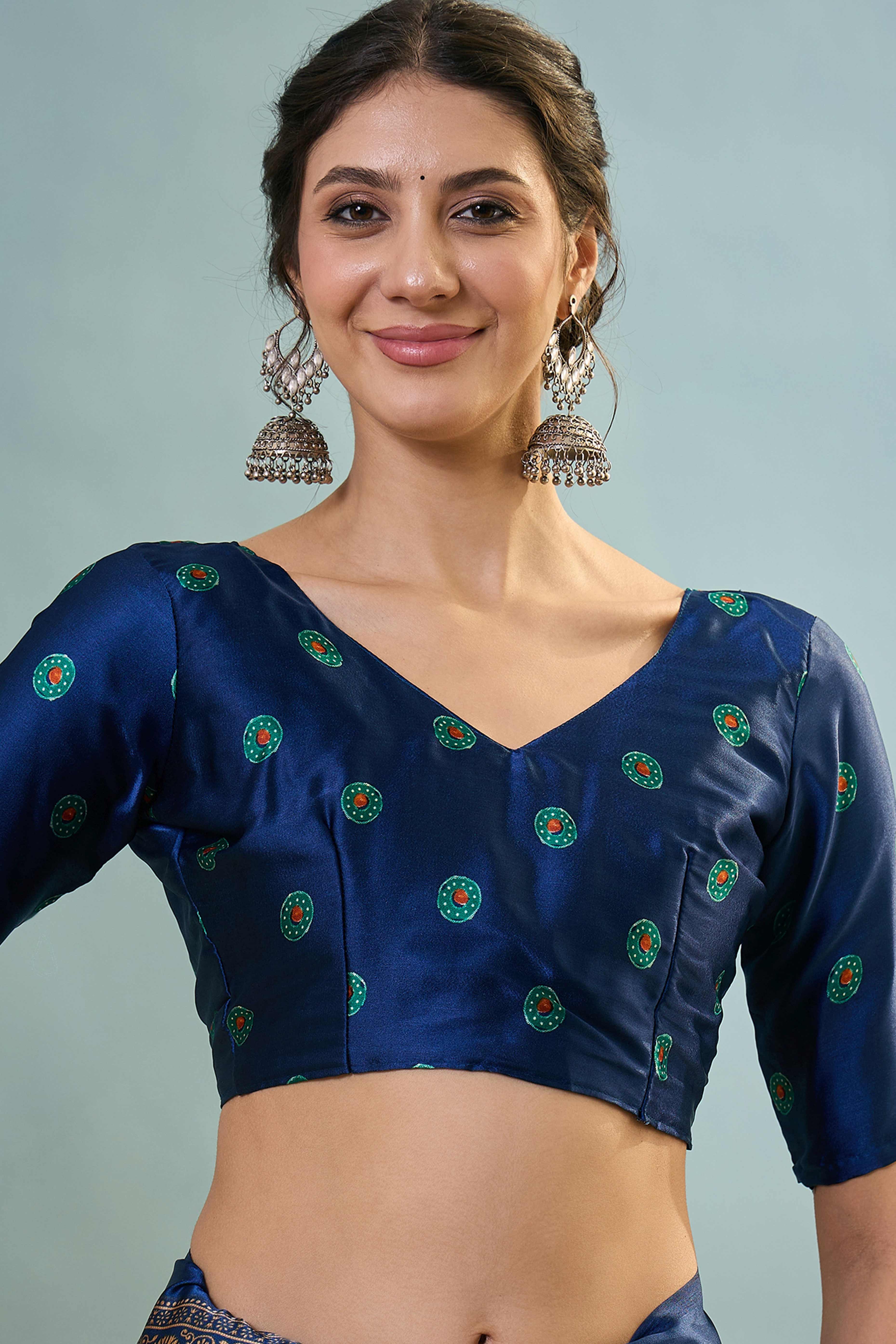 Modern Blue Striped Printed Modal Satin Saree with Luxurious Flow and Shine - Image 9