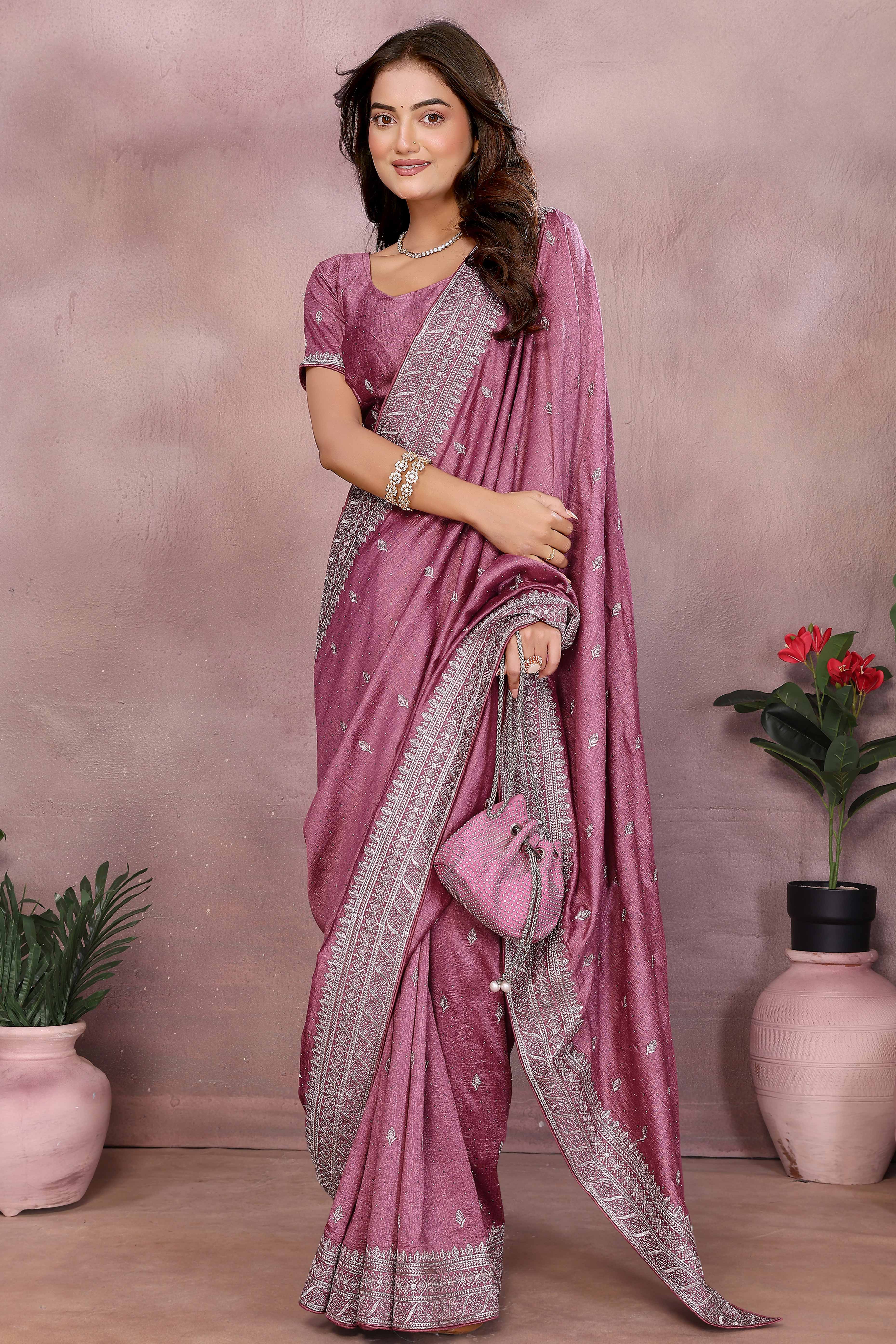 Modern Light Mauve Embroidered Vichitra Silk Saree for Weddings and Festive Occasions - Image 3