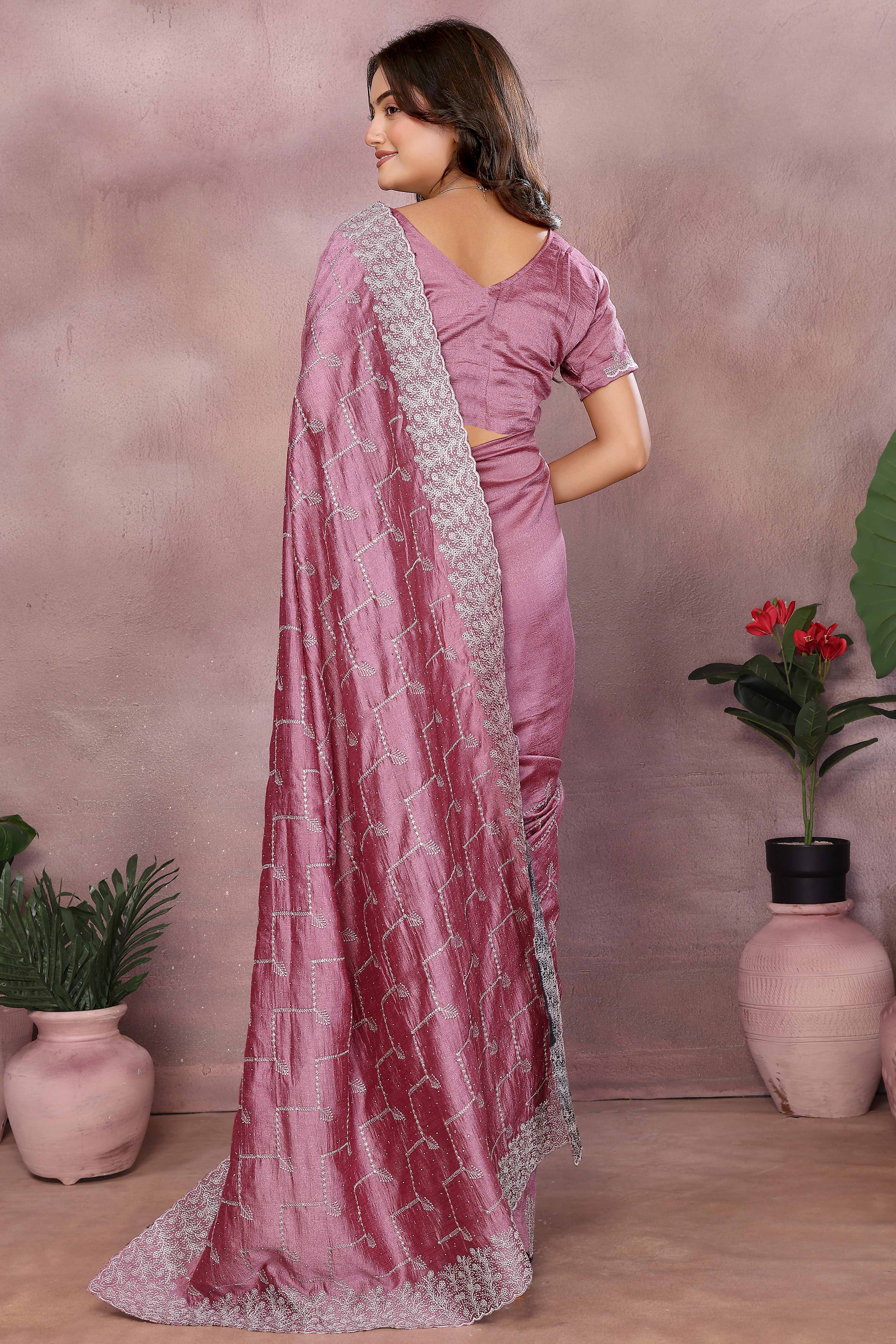 Modern Mauve Embroidered Vichitra Silk Saree for Weddings and Festive Occasions - Image 5