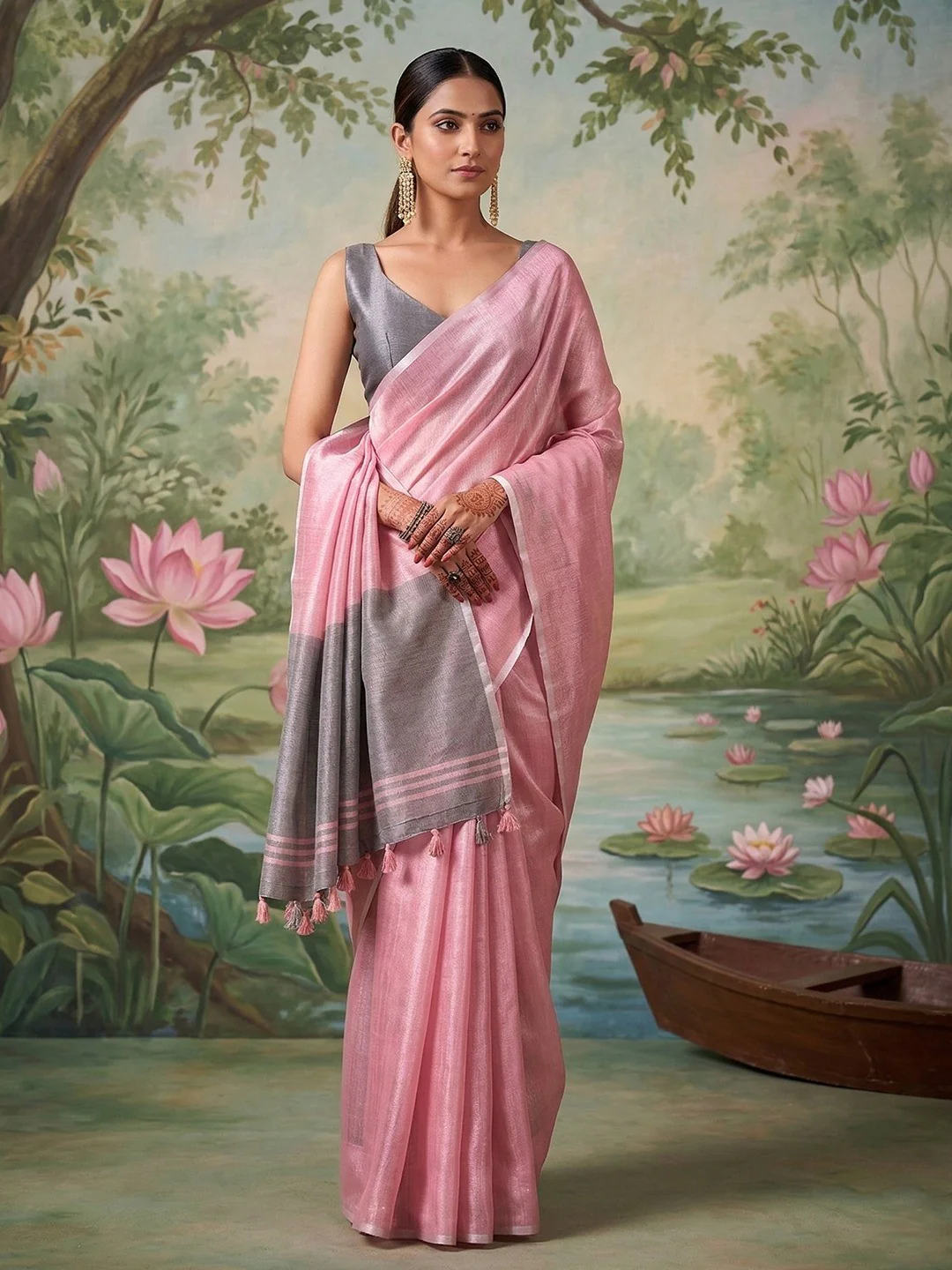 Modern Pink Tissue Saree with Elegant Grey Border and Stylish Tassels