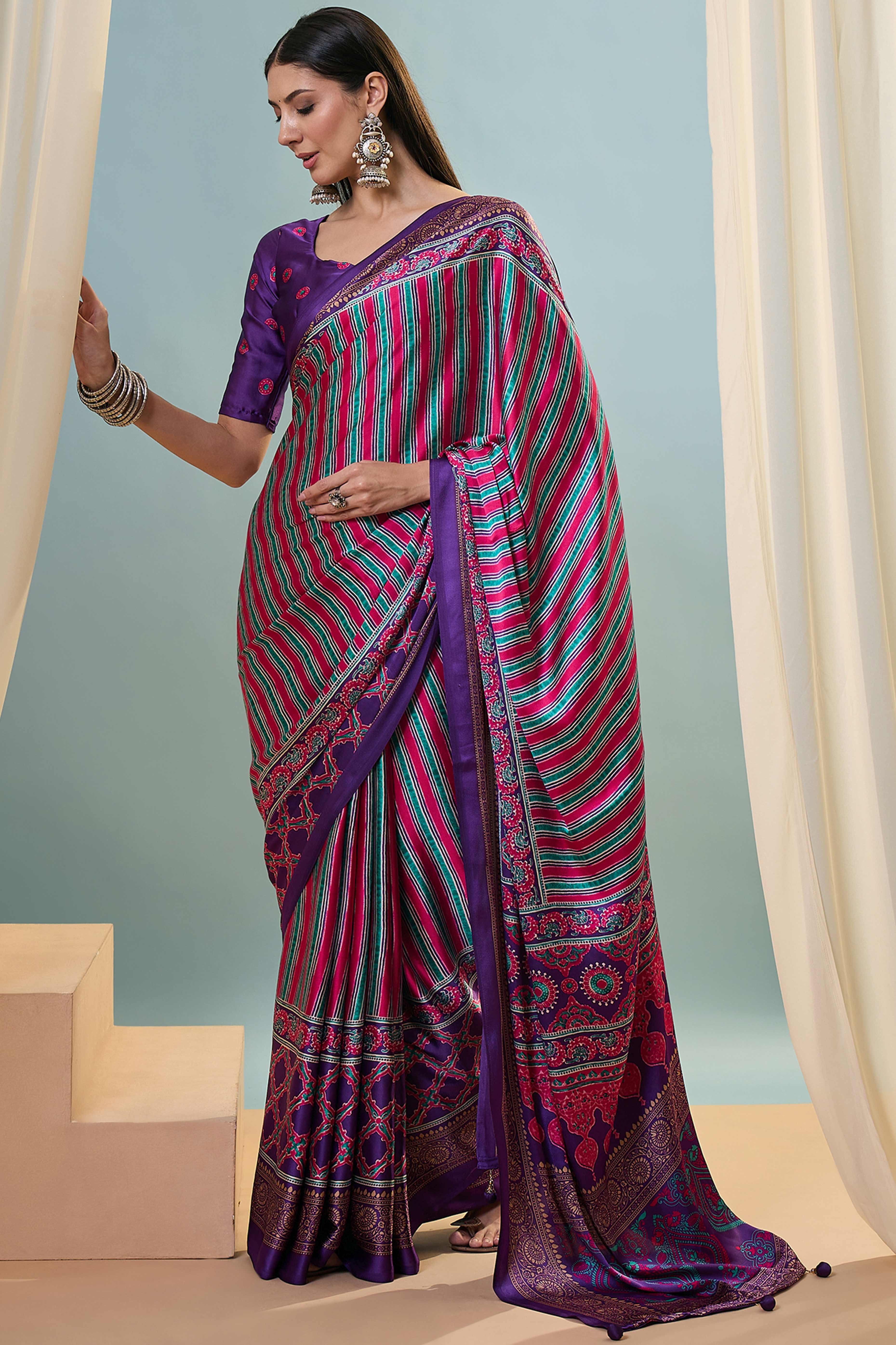 Modern Purple Striped Printed Modal Satin Saree with Luxurious Flow and Shine - Image 3
