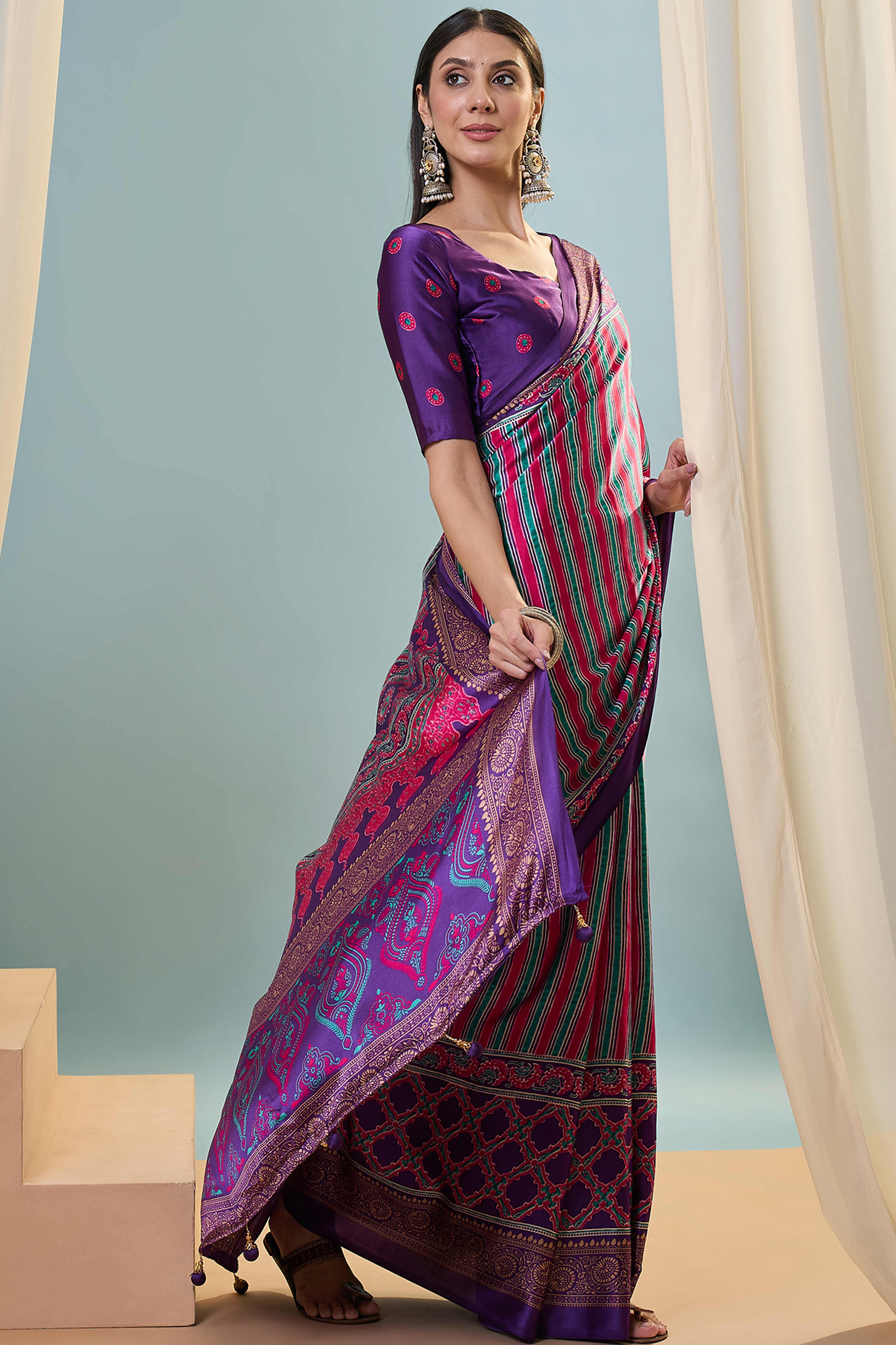 Modern Purple Striped Printed Modal Satin Saree with Luxurious Flow and Shine - Image 4