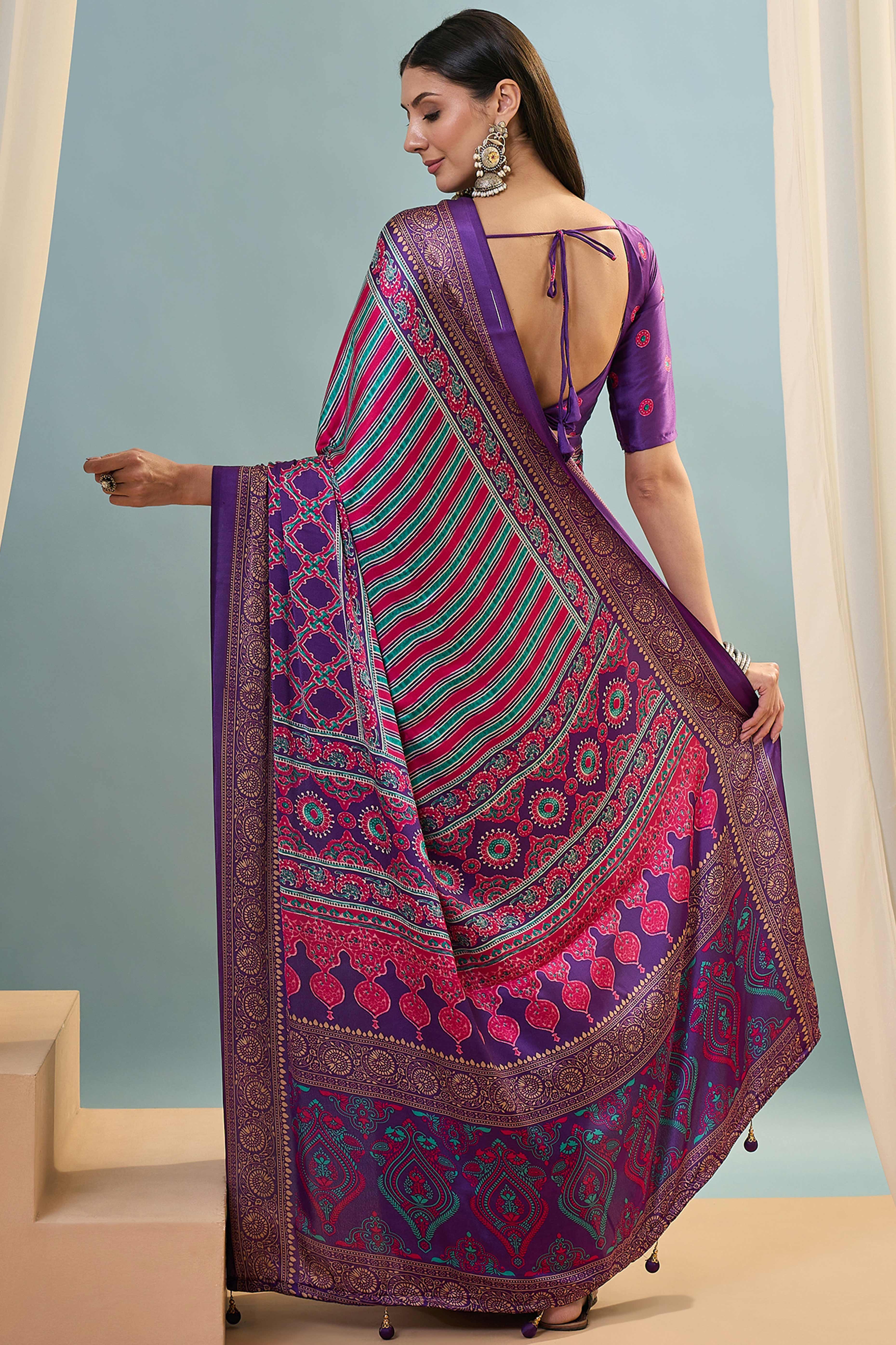 Modern Purple Striped Printed Modal Satin Saree with Luxurious Flow and Shine - Image 5