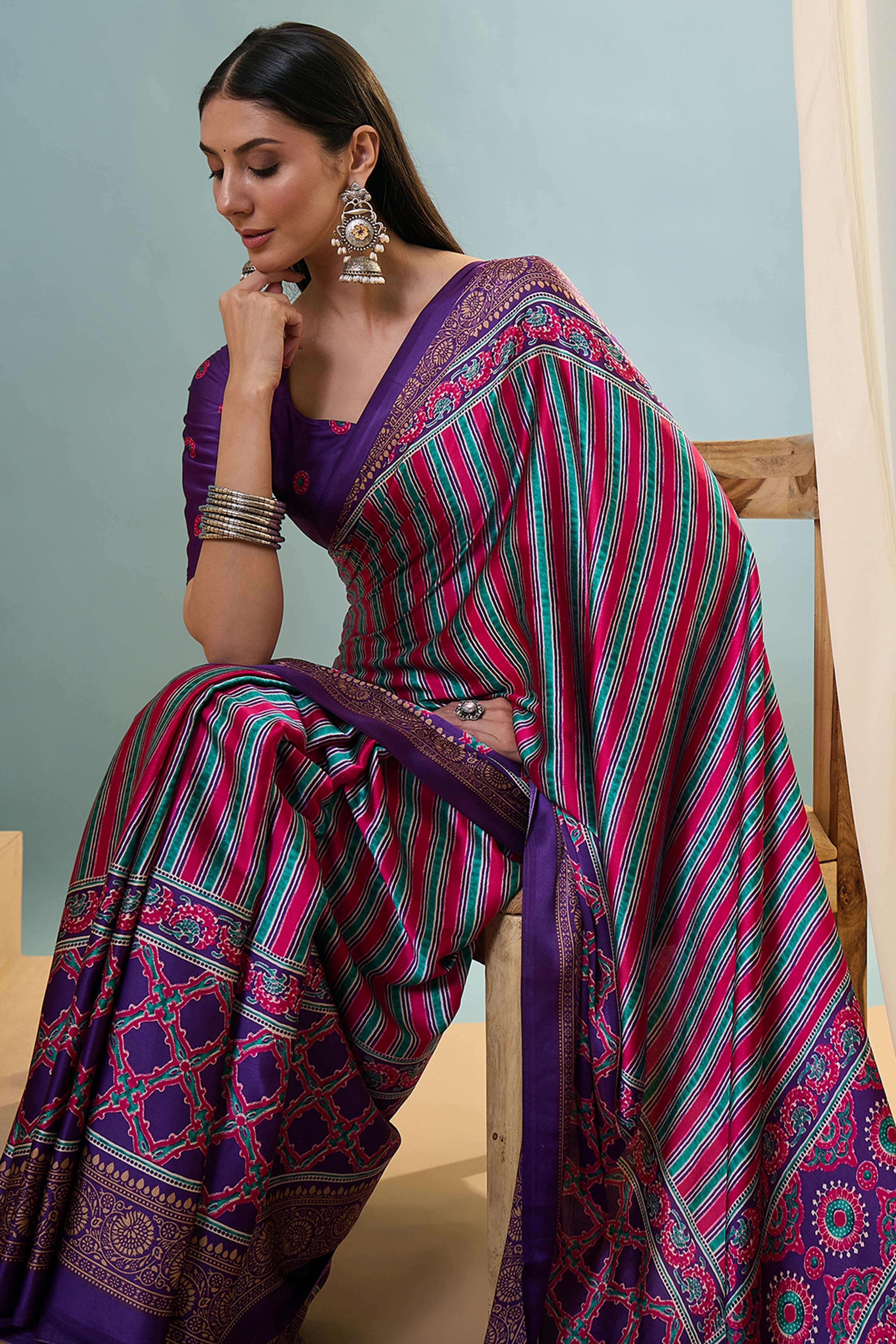 Modern Purple Striped Printed Modal Satin Saree with Luxurious Flow and Shine - Image 6