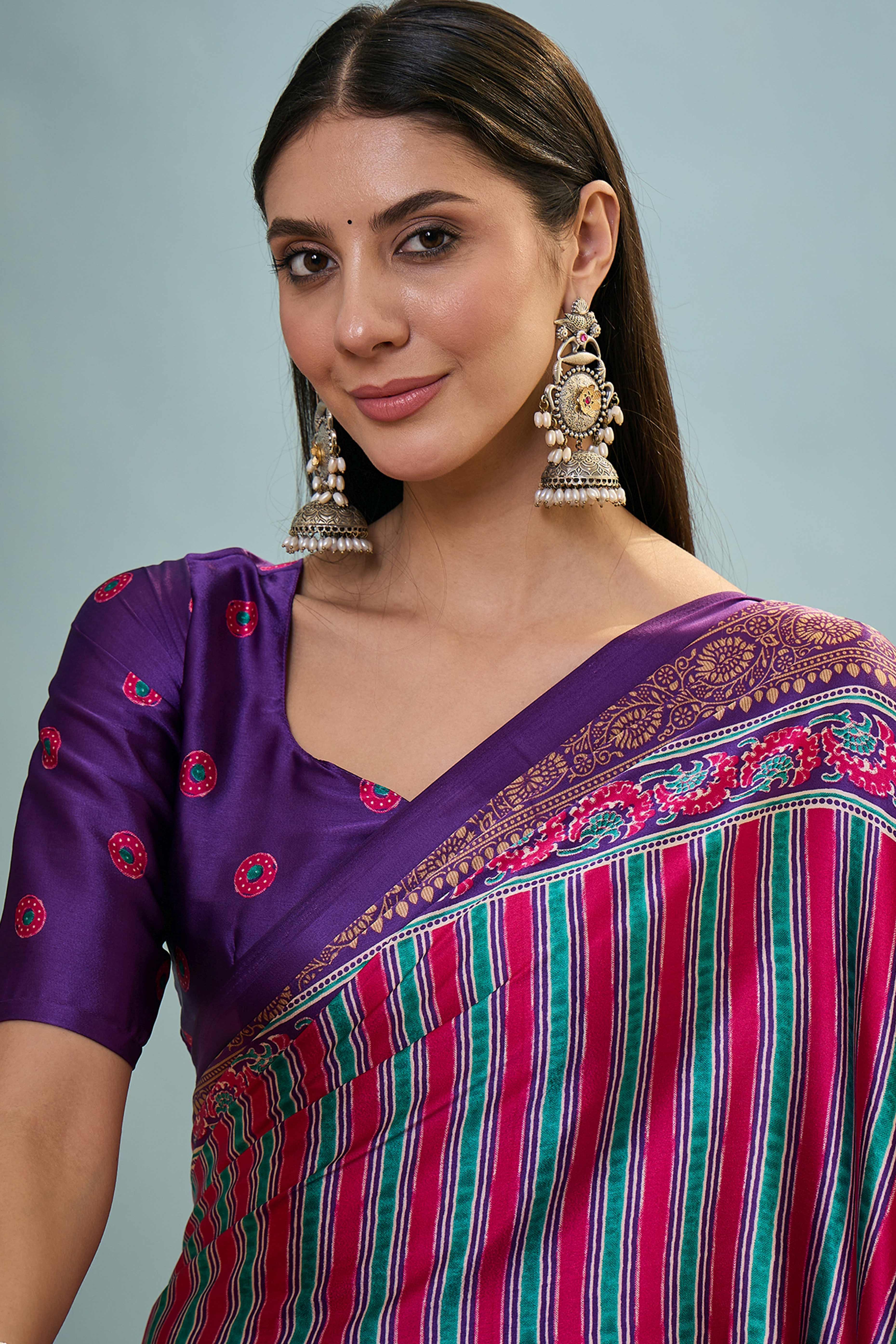 Modern Purple Striped Printed Modal Satin Saree with Luxurious Flow and Shine - Image 7