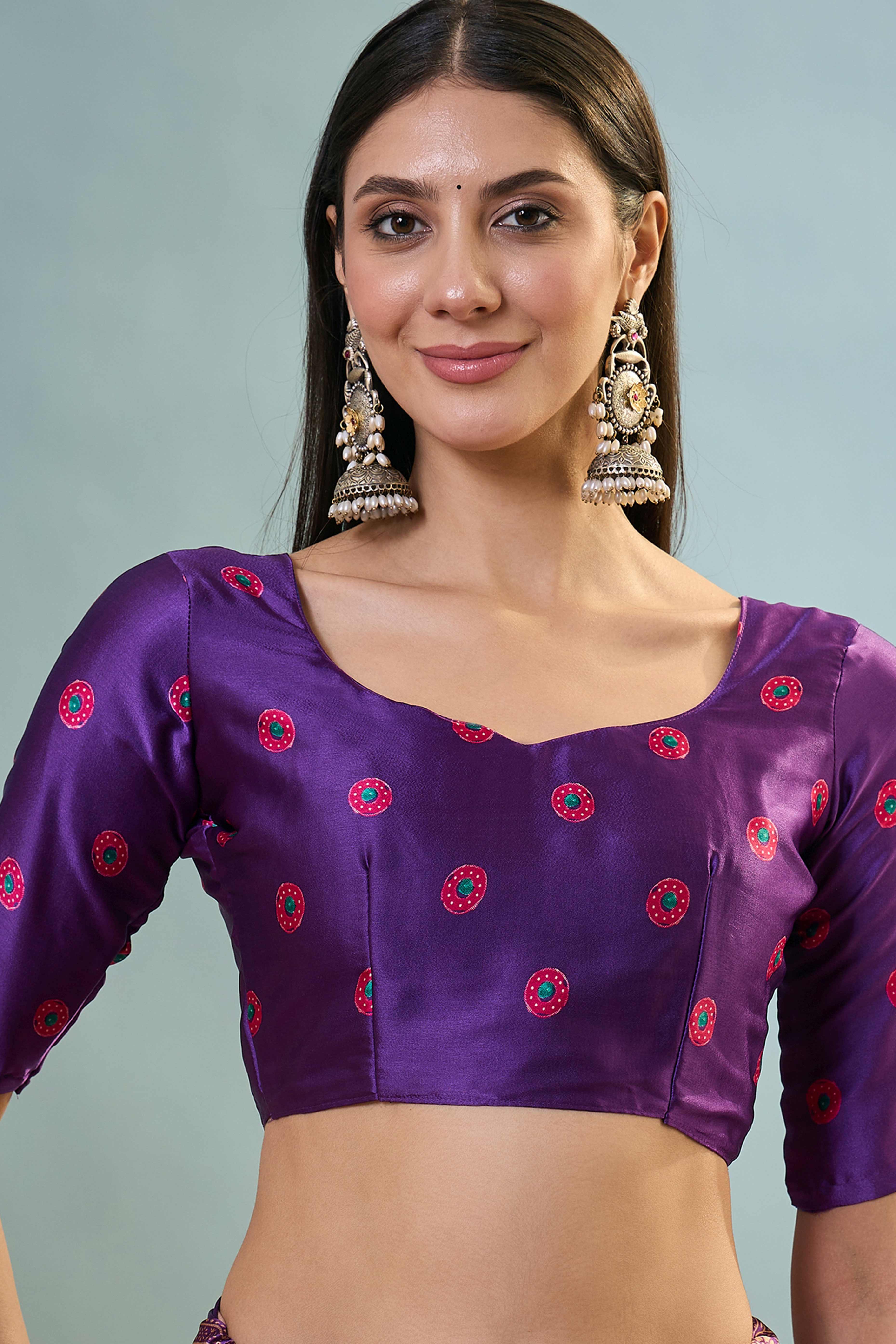 Modern Purple Striped Printed Modal Satin Saree with Luxurious Flow and Shine - Image 8