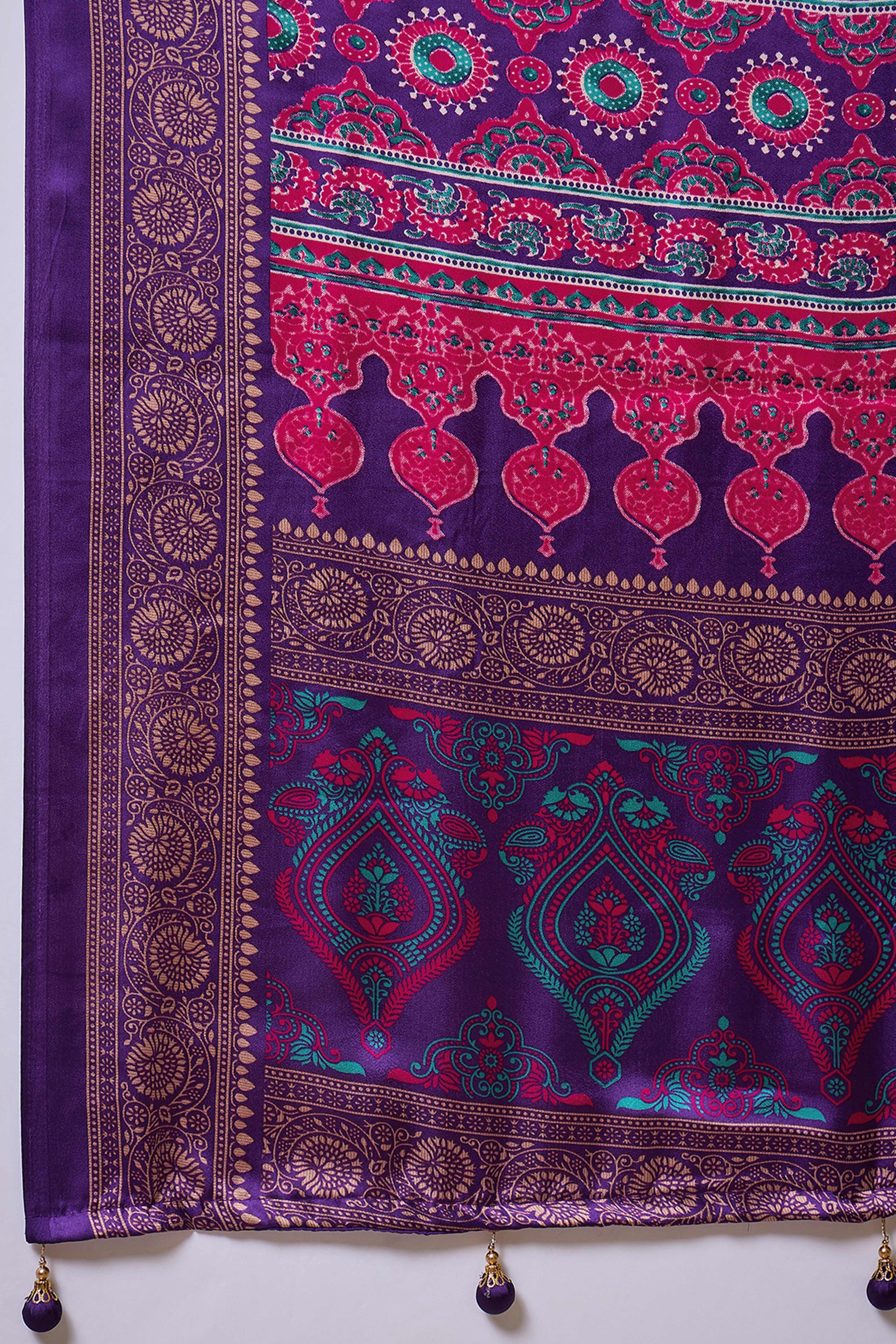 Modern Purple Striped Printed Modal Satin Saree with Luxurious Flow and Shine - Image 9