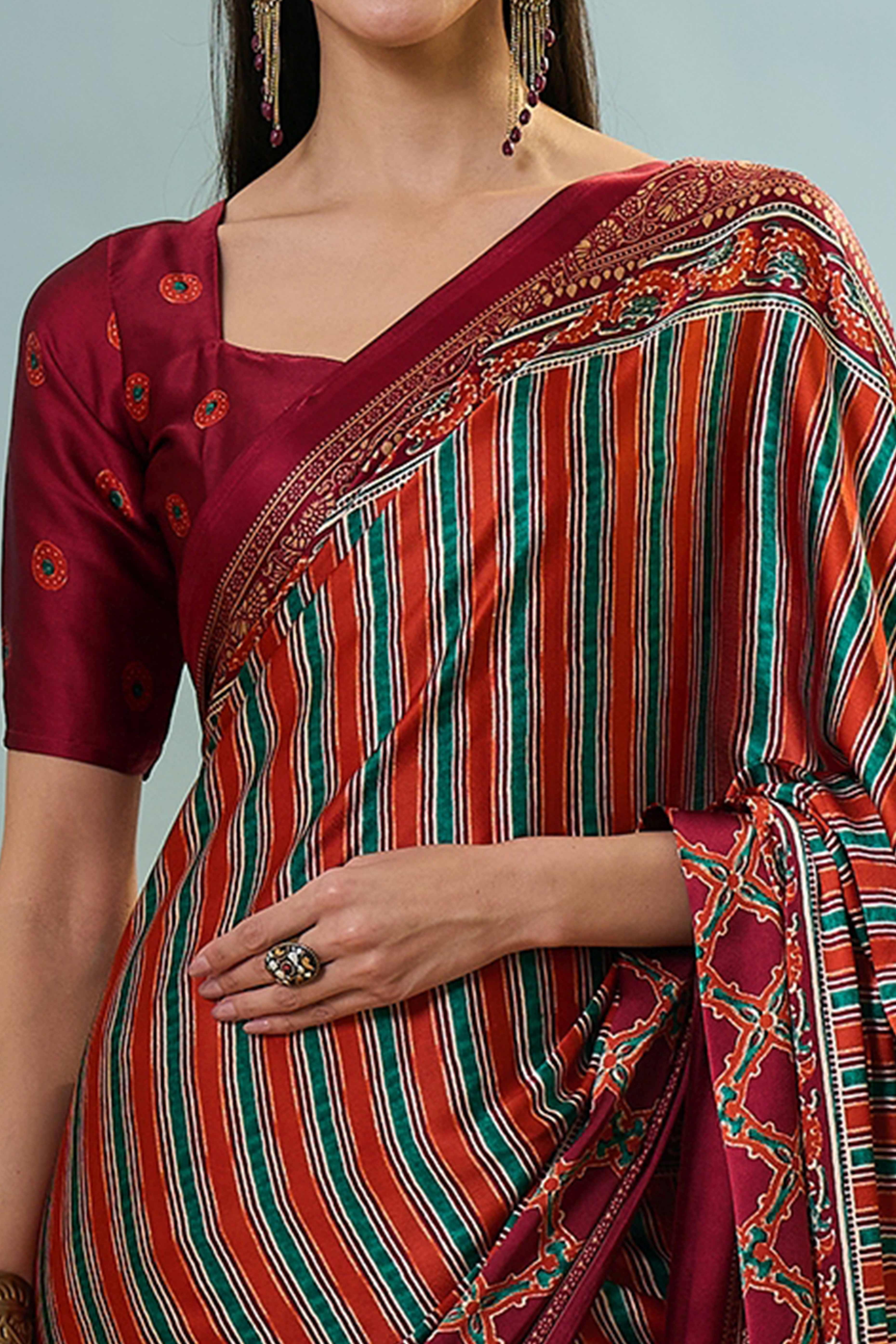 Modern Red Striped Printed Modal Satin Saree with Luxurious Flow and Shine - Image 2