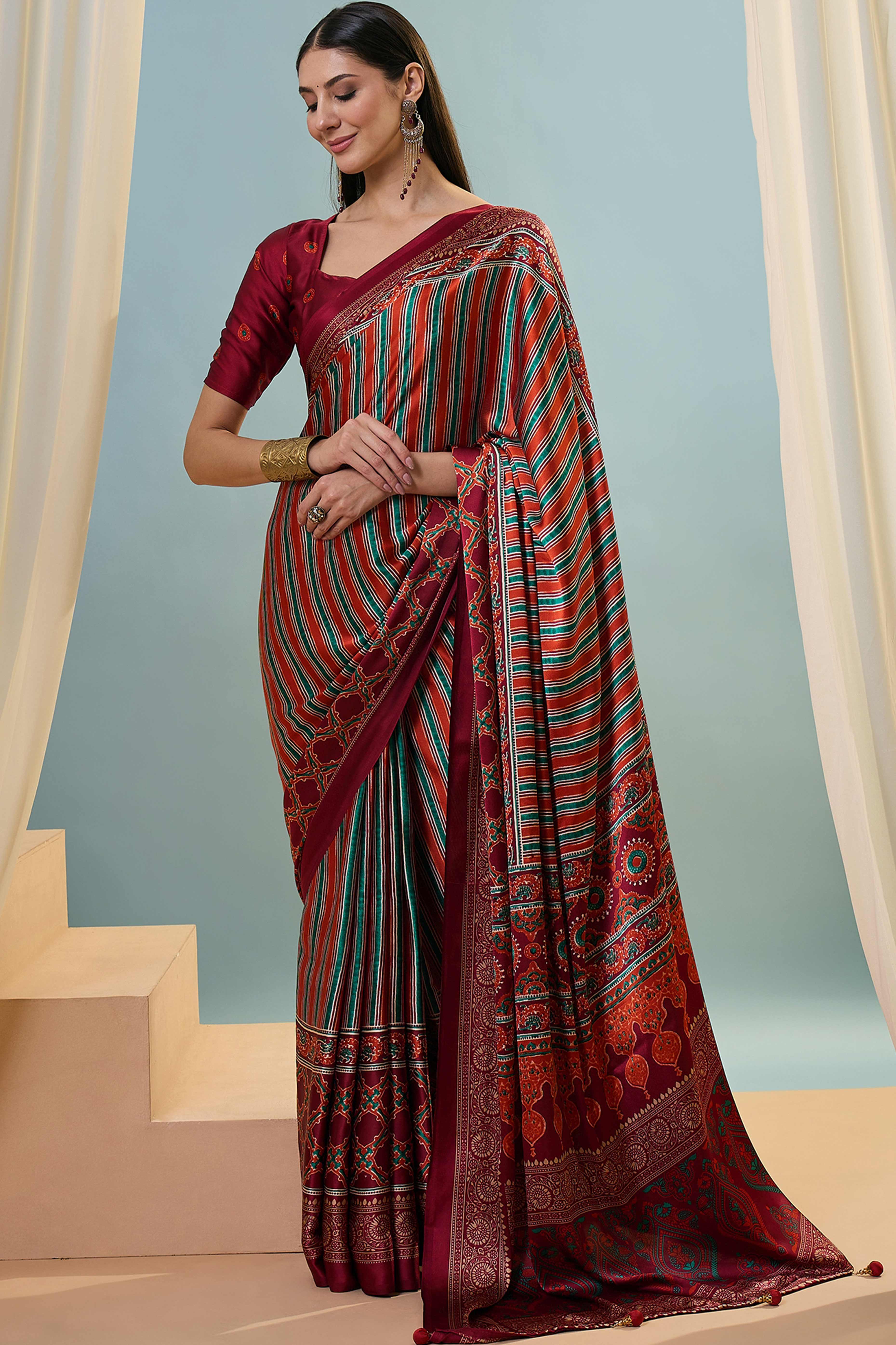 Modern Red Striped Printed Modal Satin Saree with Luxurious Flow and Shine - Image 3