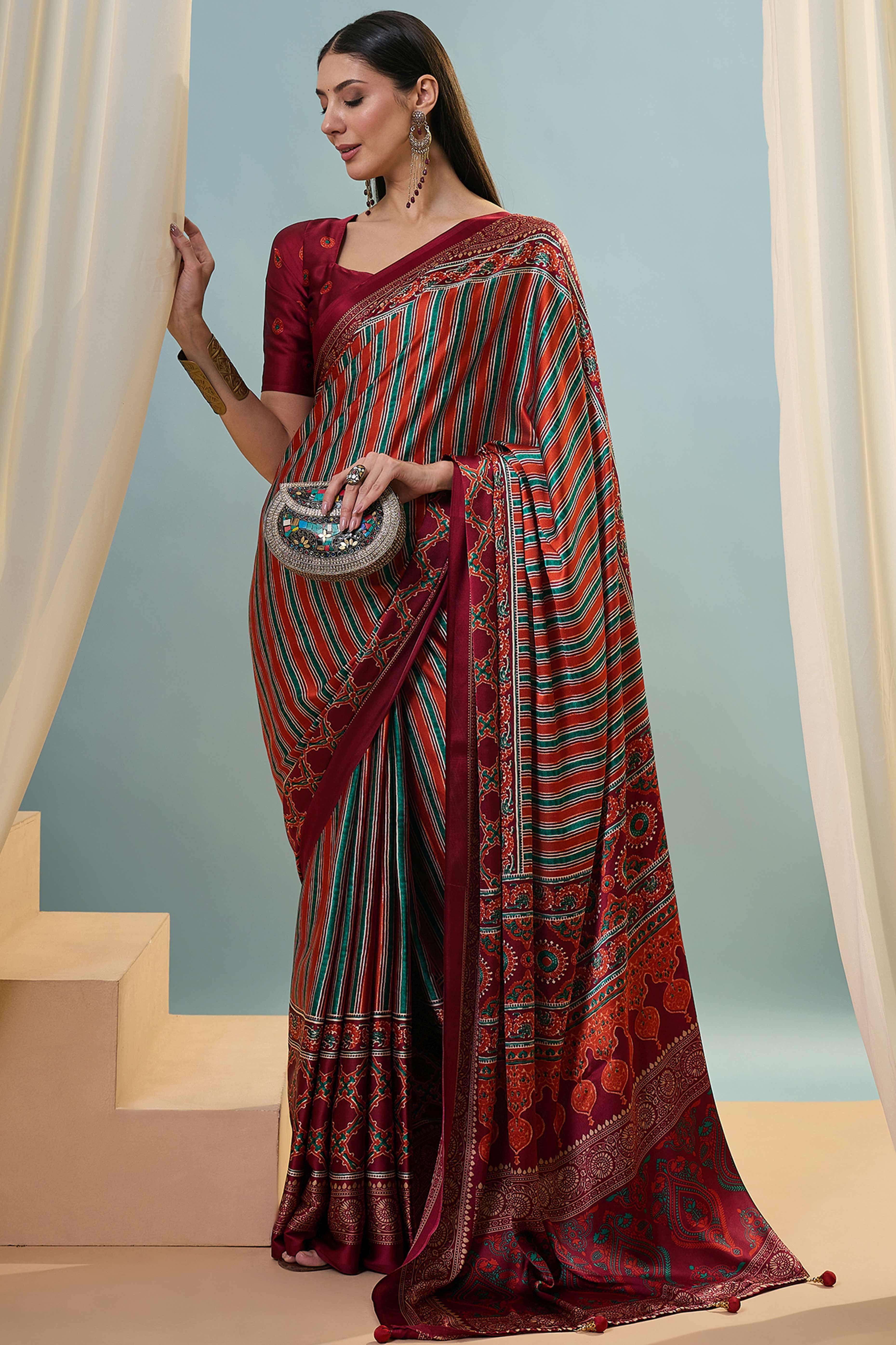 Modern Red Striped Printed Modal Satin Saree with Luxurious Flow and Shine - Image 4