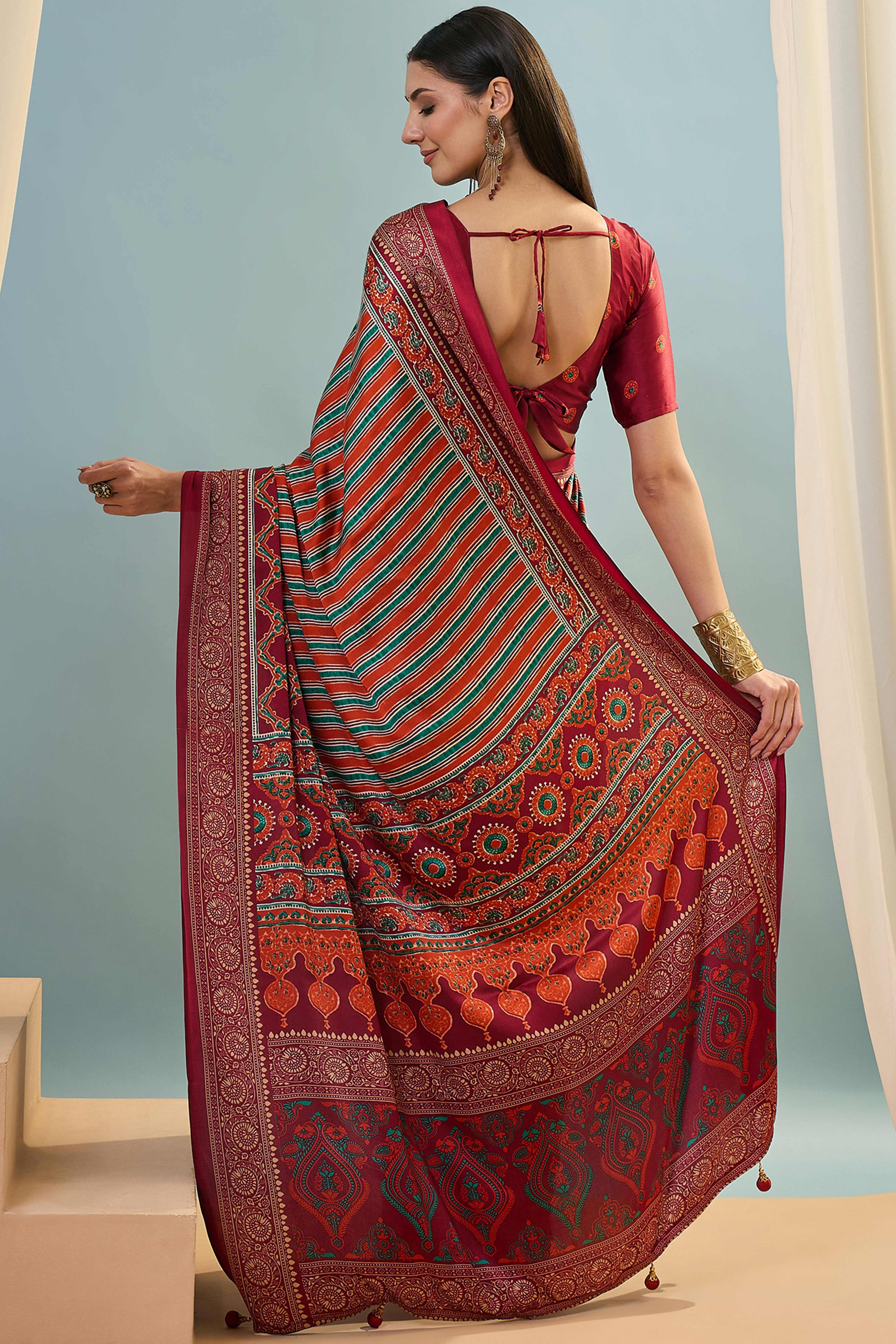 Modern Red Striped Printed Modal Satin Saree with Luxurious Flow and Shine - Image 5