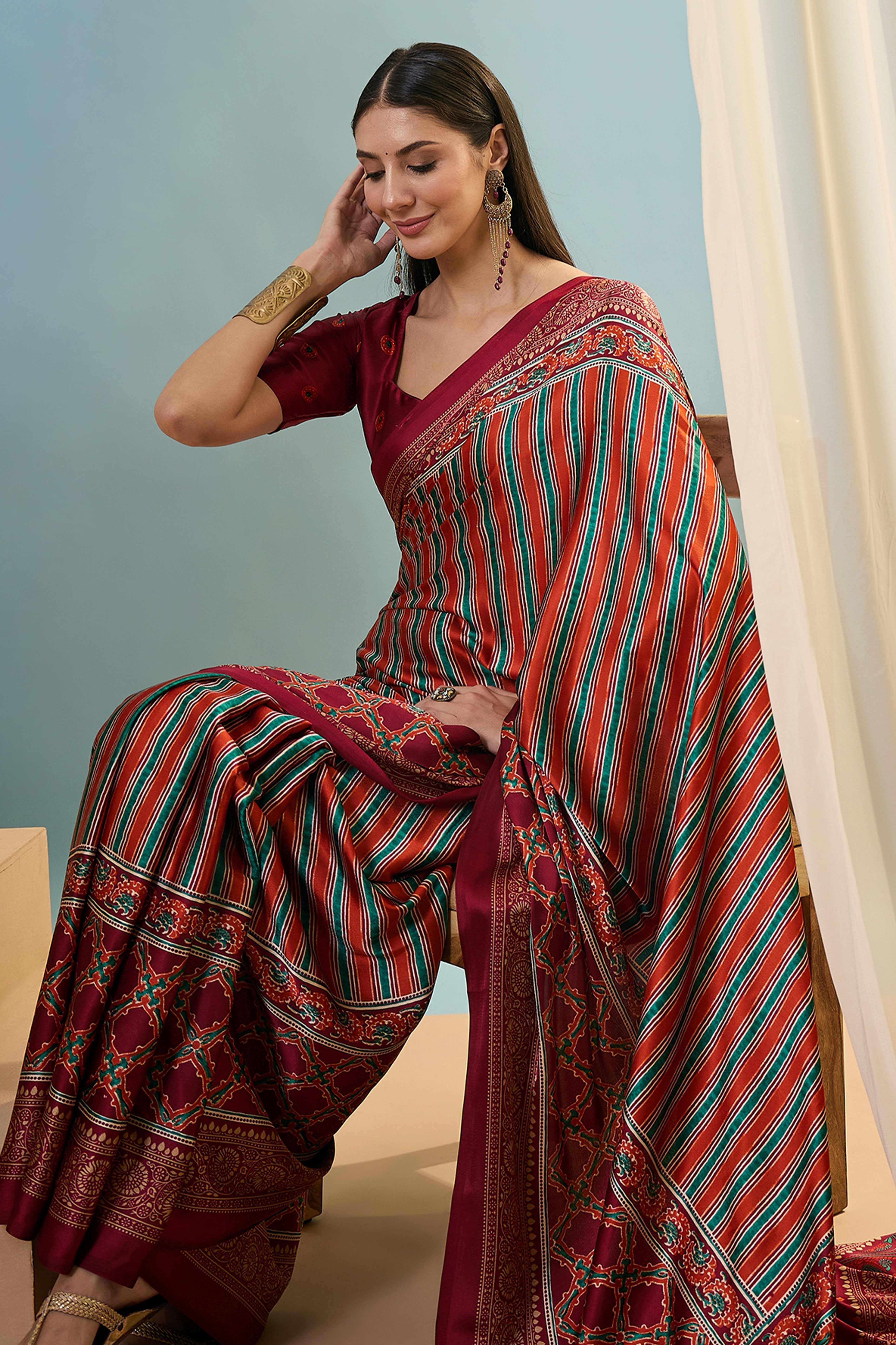 Modern Red Striped Printed Modal Satin Saree with Luxurious Flow and Shine - Image 6