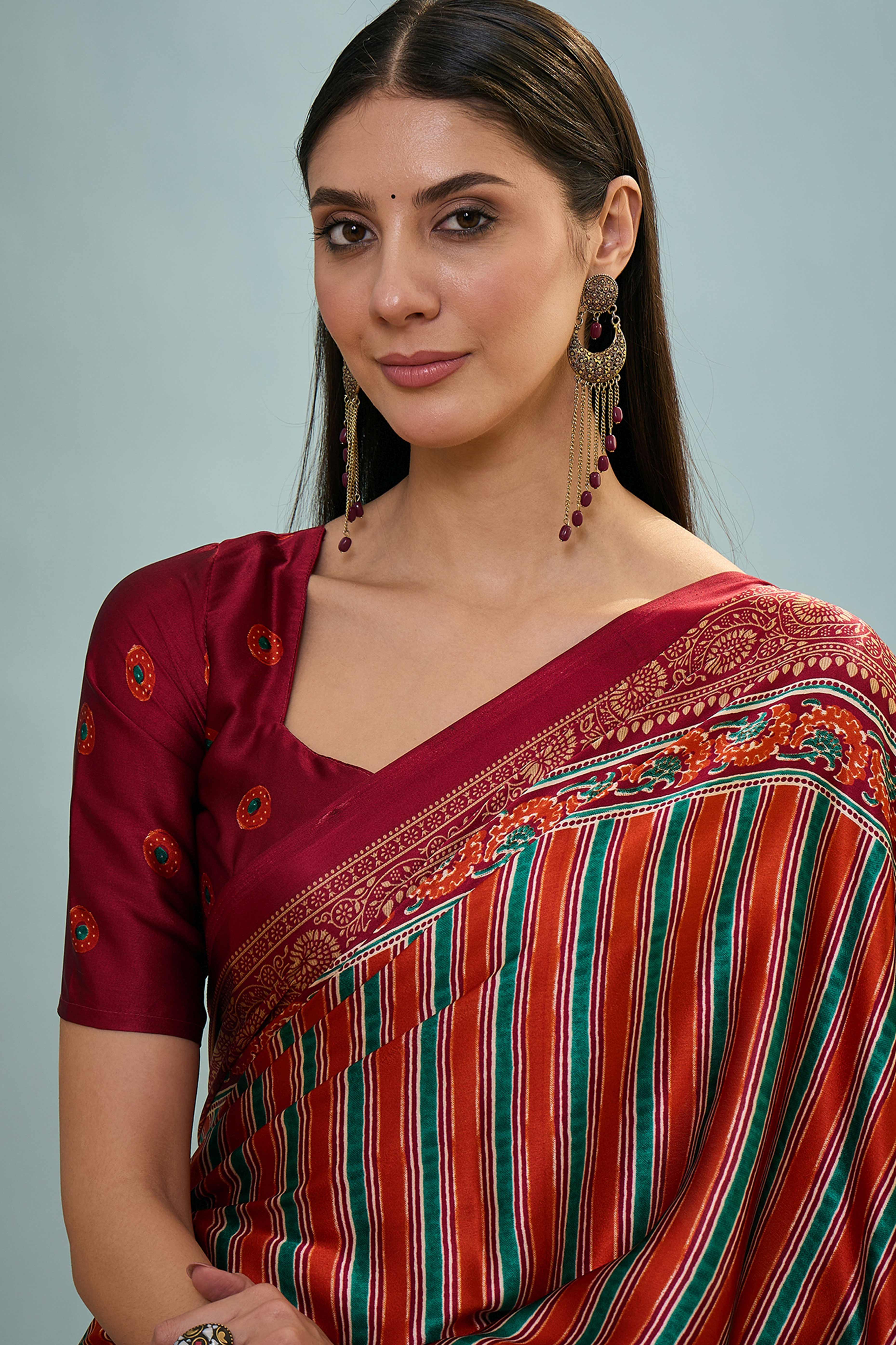 Modern Red Striped Printed Modal Satin Saree with Luxurious Flow and Shine - Image 7