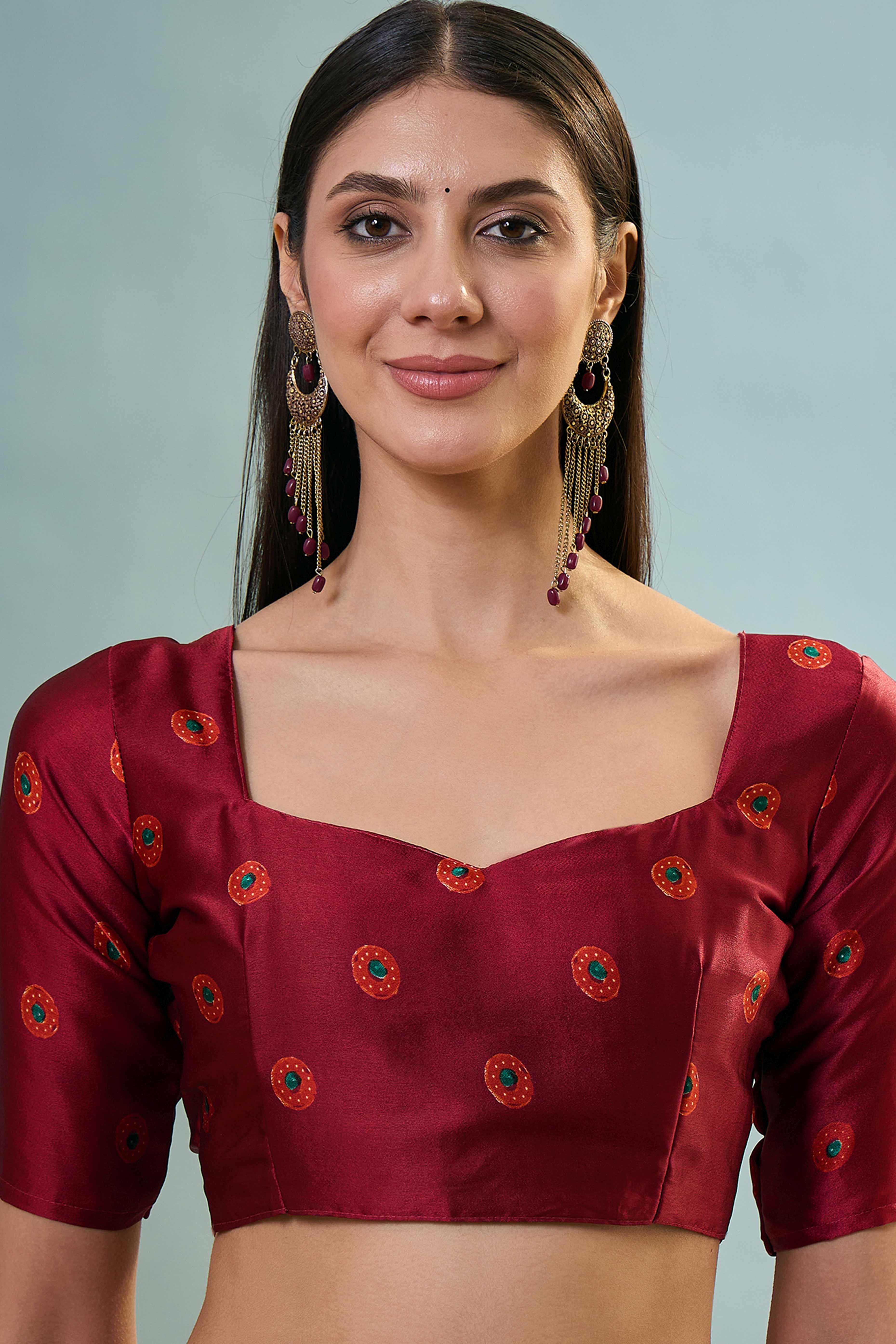 Modern Red Striped Printed Modal Satin Saree with Luxurious Flow and Shine - Image 8