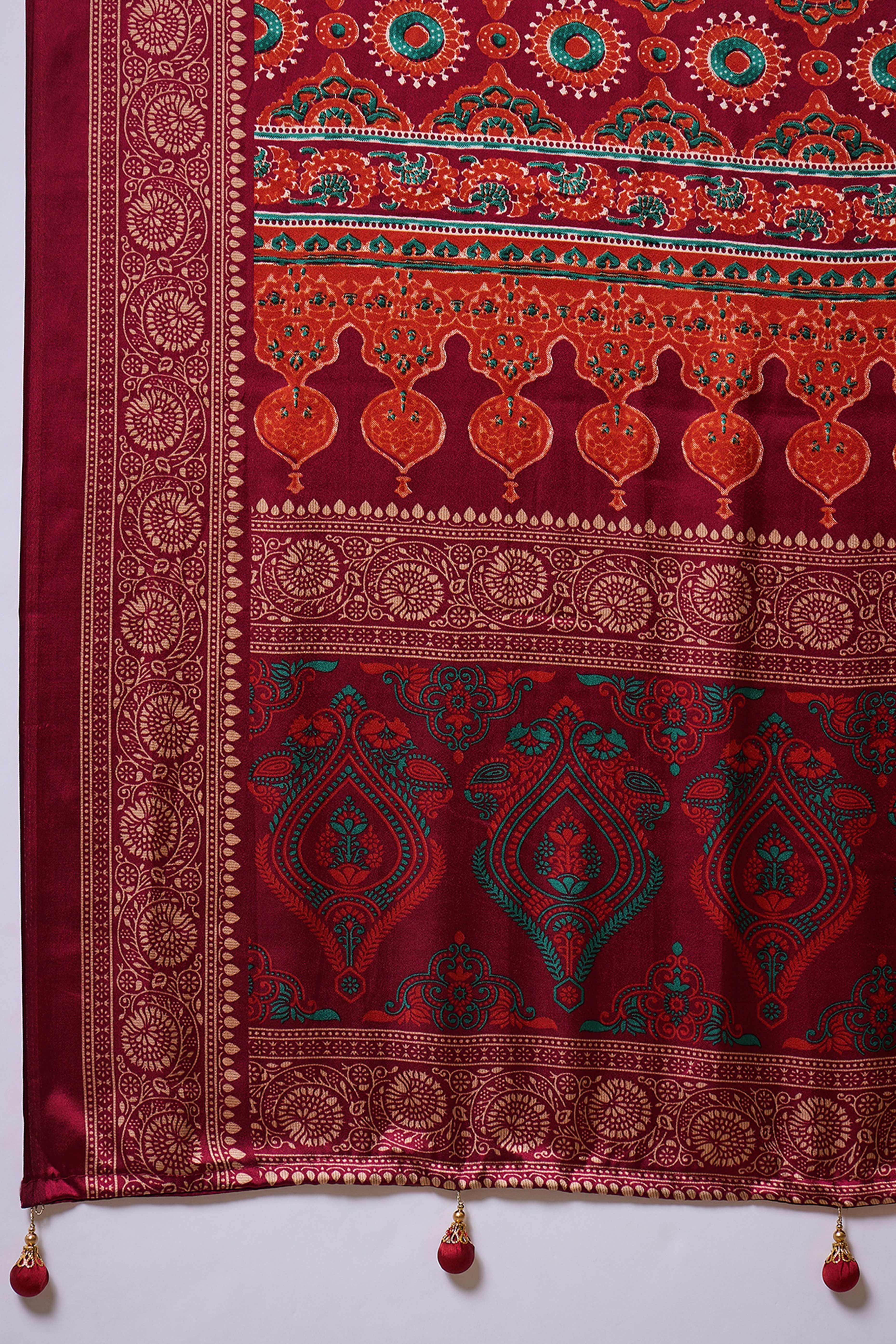 Modern Red Striped Printed Modal Satin Saree with Luxurious Flow and Shine - Image 9